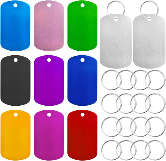 20pcs 10 Colors Blank Aluminum Pet Tags Rectangle Stamping Tag Pendants Blanks with Hole and 20pcs Metal Key Rings for DIY Decorative Craft Dog Engraving Jewelry Making Supplies