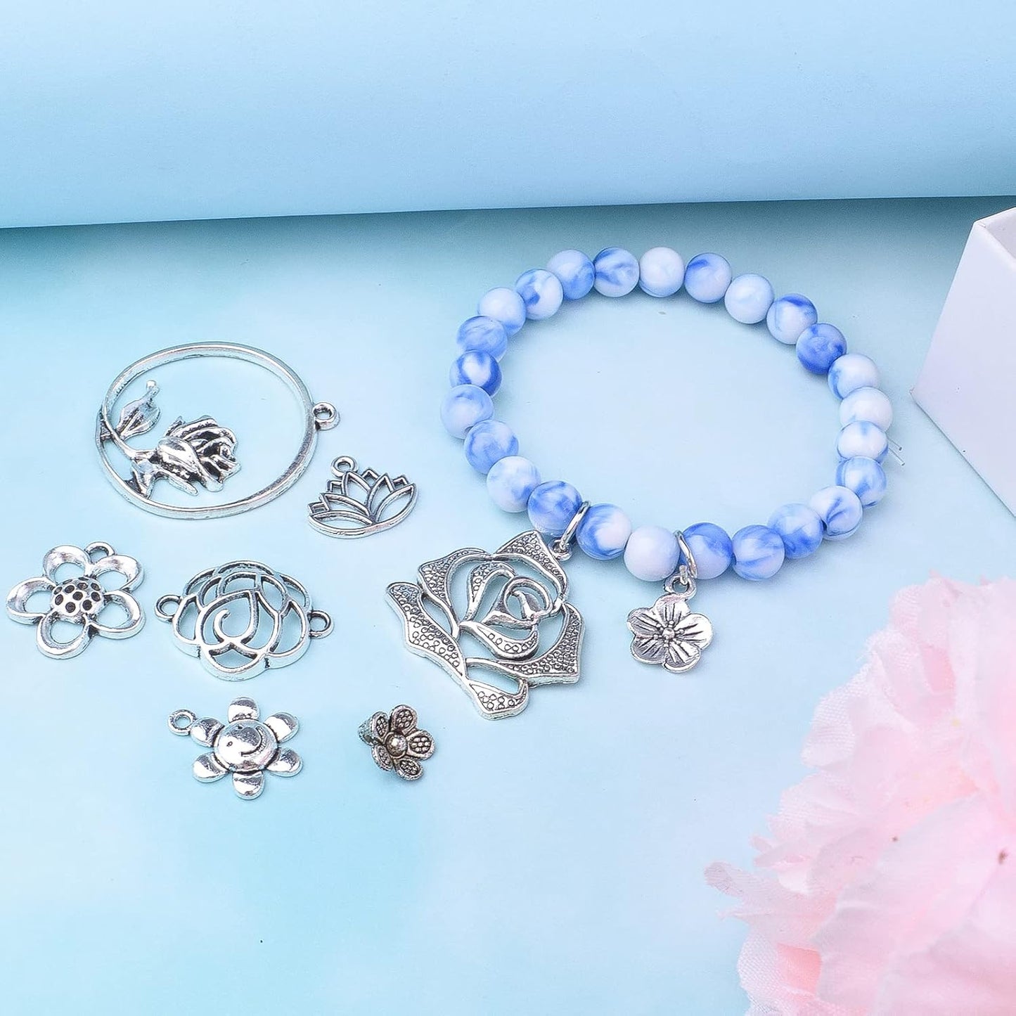 50pcs Mixed Styles Rose Flower Charms Tibetan Alloy Romantic Pendants Flower Beads Connectors Charms for DIY Necklace Bracelet Jewelry Making Birthday Christmas Valentine's Favor