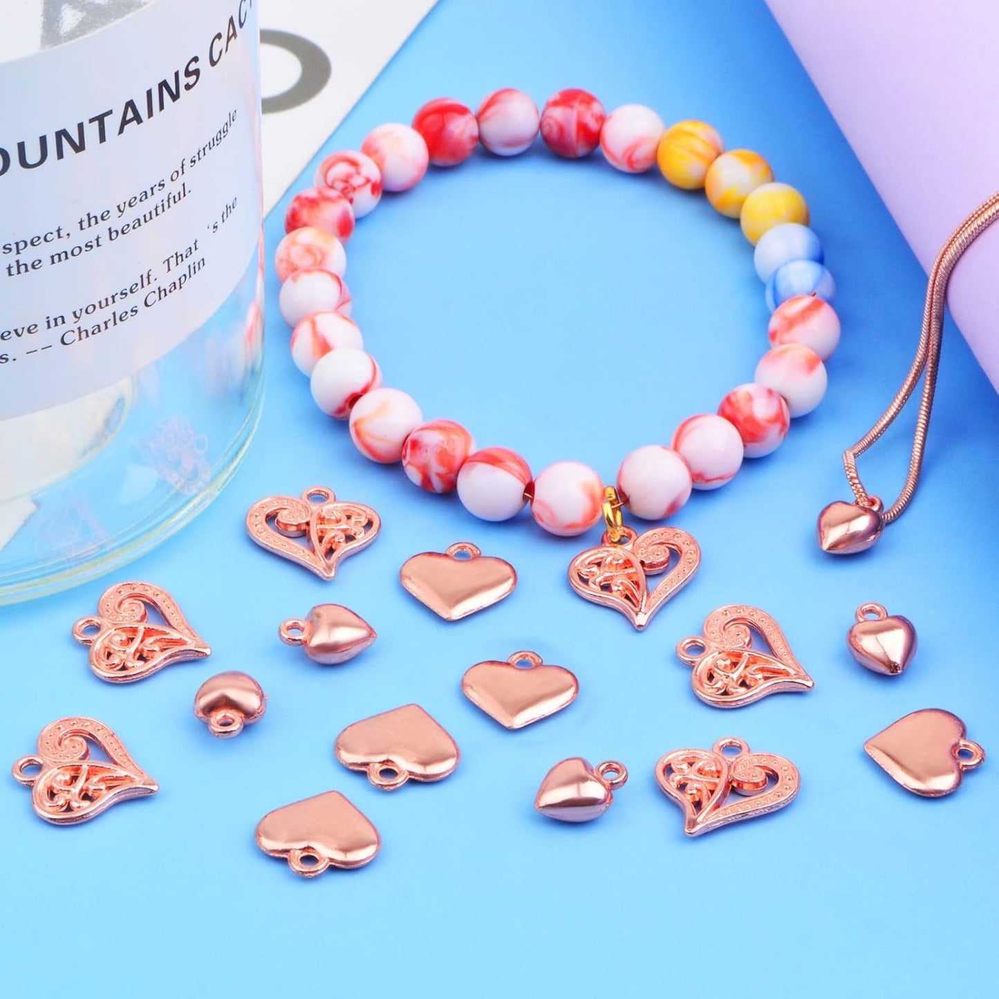 90pcs Rose Golden Heart Shaped Charms Alloy Hollow Polished Puff Love Heart Drop Pendants Craft Supplies for DIY Necklace Earrings Jewelry Making Decoration Gifts, 3 Styles