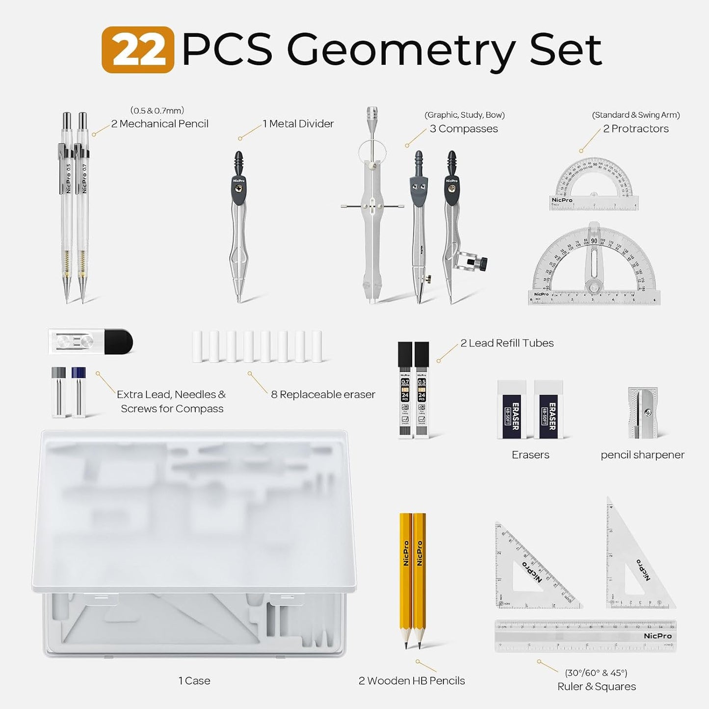 Aylifu 22 PCS Compass Geometry Tools with Case, Drafting Tools Geometry Set with Swing Arm Protractor, Rulers, Metal Compass, Square Set, Mechanical Pencil, Back to School Supplies for Students