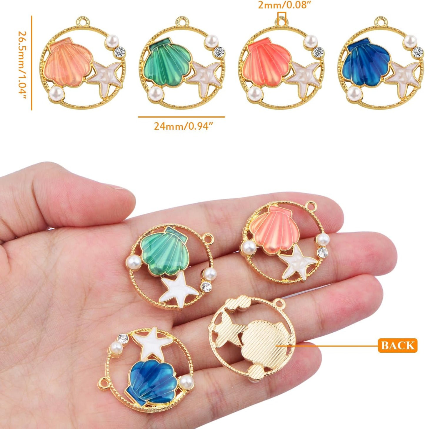 16pcs Round Enamel Ocean Starfish Shell Charms Colorful Marine Animal Starfish Seashell Summer Beach Dangle Pendants for DIY Necklace Bracelet Crafts Jewelry Making, 4 Colors
