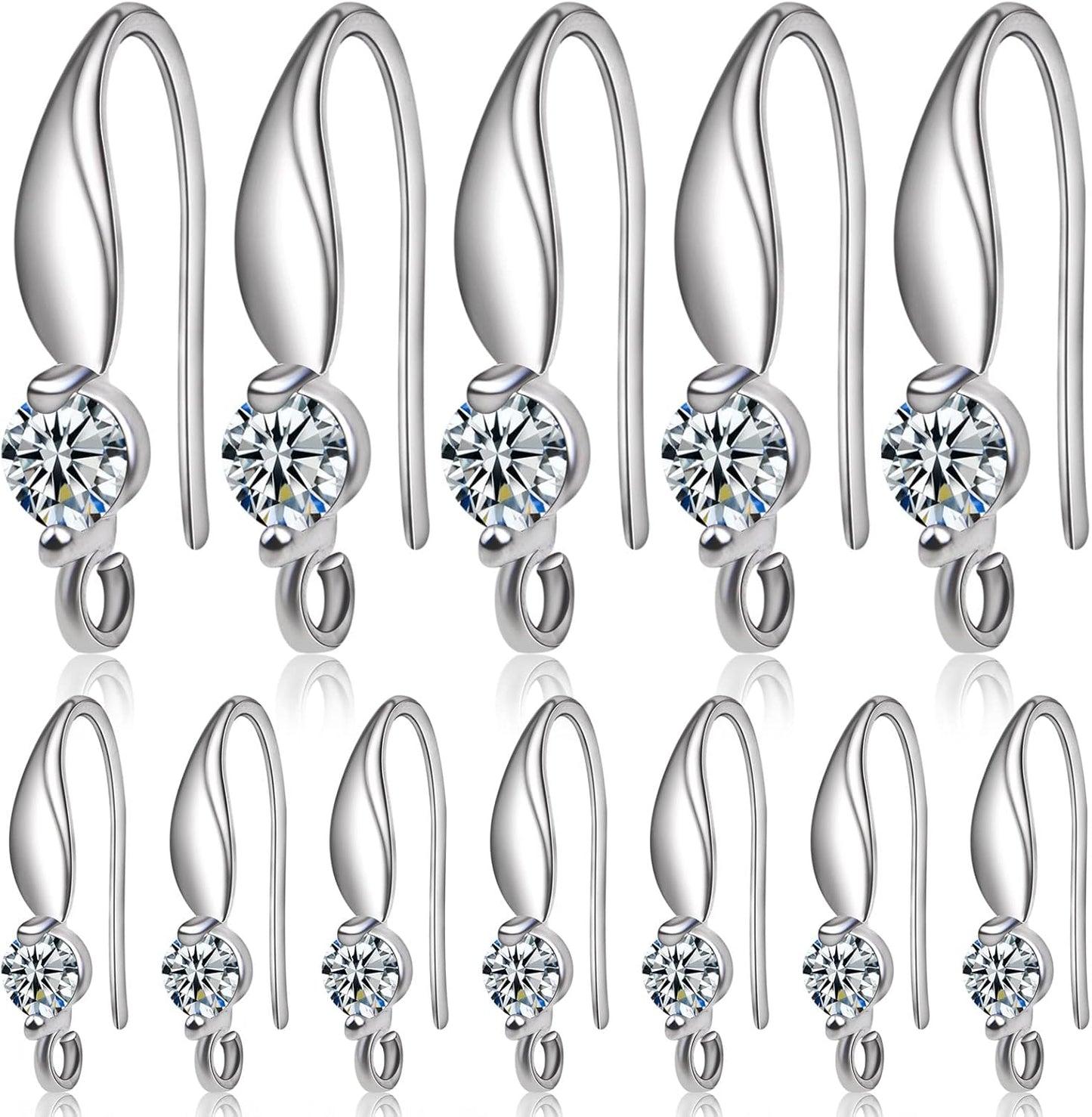 12pcs Silver Plated Rhinestone Earring Hooks Brass Ear Wire Fish Hooks with Open Loop Round Rhinestone Earring Components for Women DIY Earrings Jewelry Making