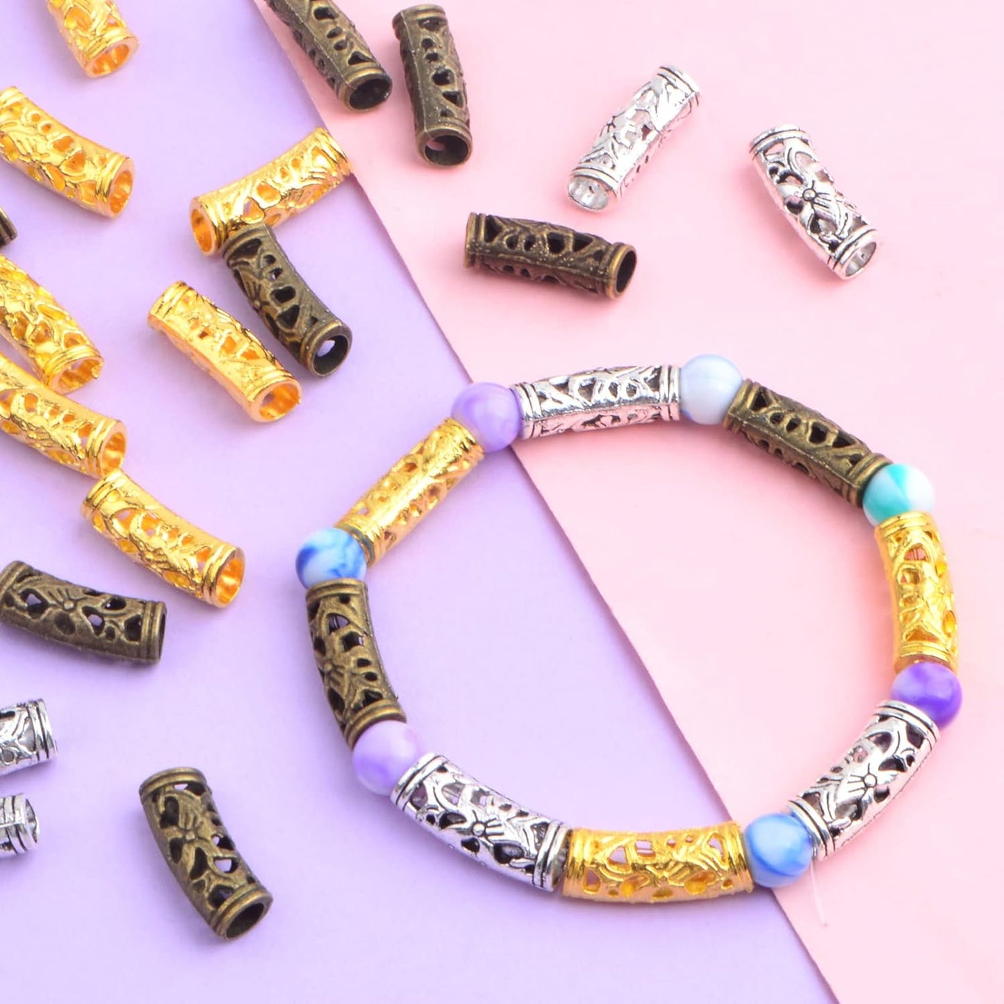 60pcs Tibetan Hollow Column Spacer Beads Alloy Large Hole Long Curved Tube Slide Loose Beads for DIY European Charms Jewelry Making Findings, 3 Colors, Hole: 5 mm