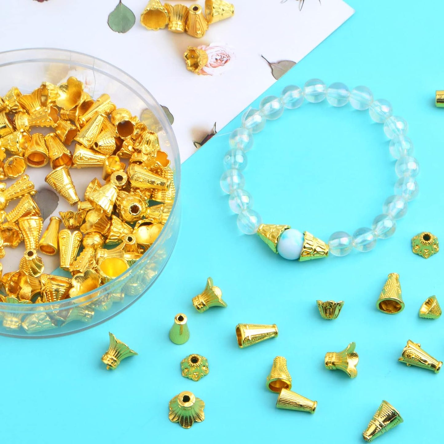 100 Gram (About 110-150pcs) Mixed Flower Spacer Bead Caps Alloy Cone Bead Caps Jewelry Findings Accessories for DIY Bracelet Necklace Tassel Crafts Decor, Bright Golden