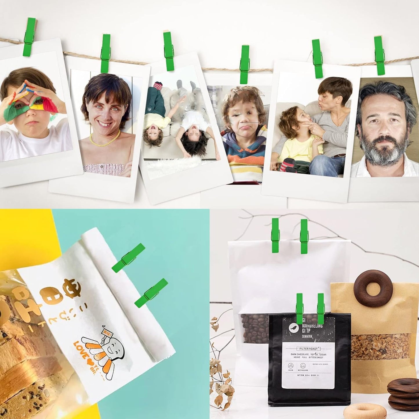 50pcs Small Wooden Clips Tiny Picture Photo Pegs Clothespins Decorative Craft Wood Clips with 50 M Jute Twine for Photo Display Picture Hanging Home Art Crafts Decor, Green
