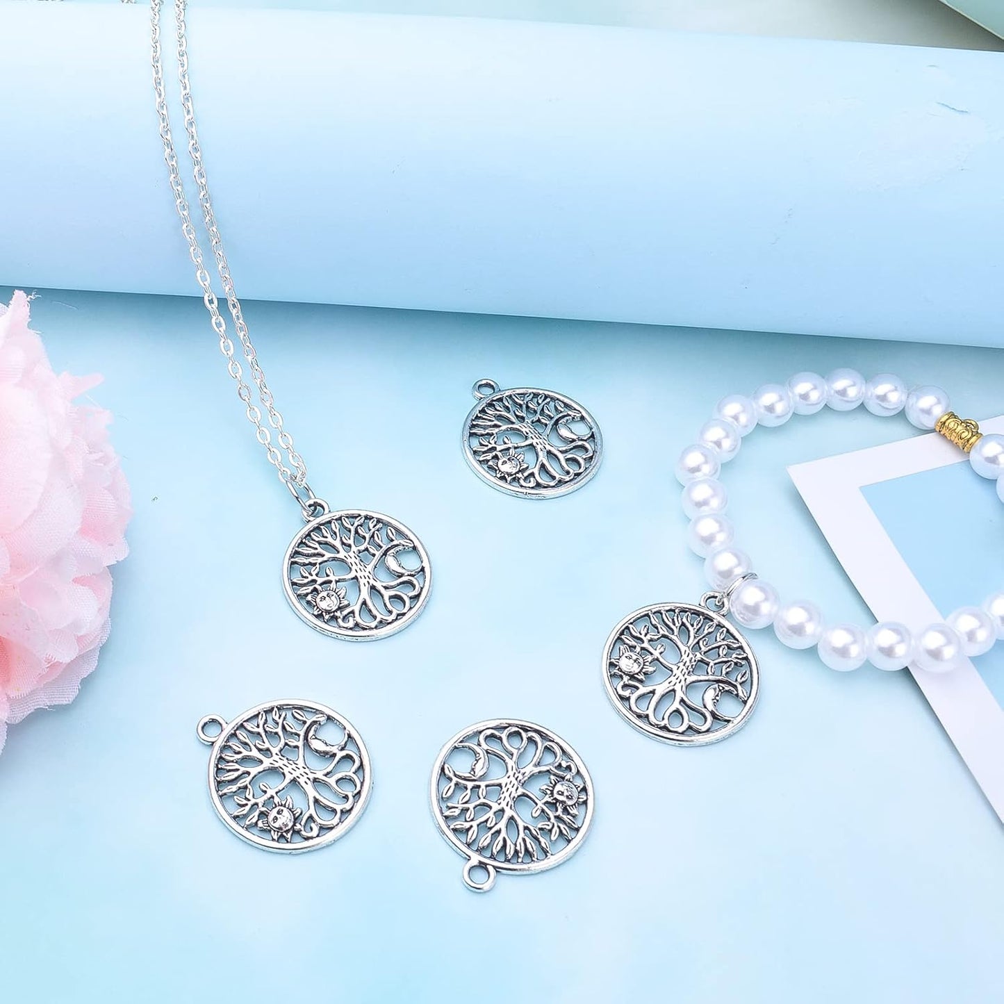 30pcs Antique Silver Tree of Life Charms Pendants with Sun Moon Tibetan Alloy Hollow Round Tree Vintage Charms Jewelry Making Accessory for DIY Necklaces Bracelets
