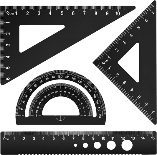 HENDEVL Triangular Ruler Set, 4 Pieces Aluminum Alloy Ruler, Metal Drafting Ruler, Geometric Protractor for Students, Draftsmen, Engineers, School Office Supplies (Black)