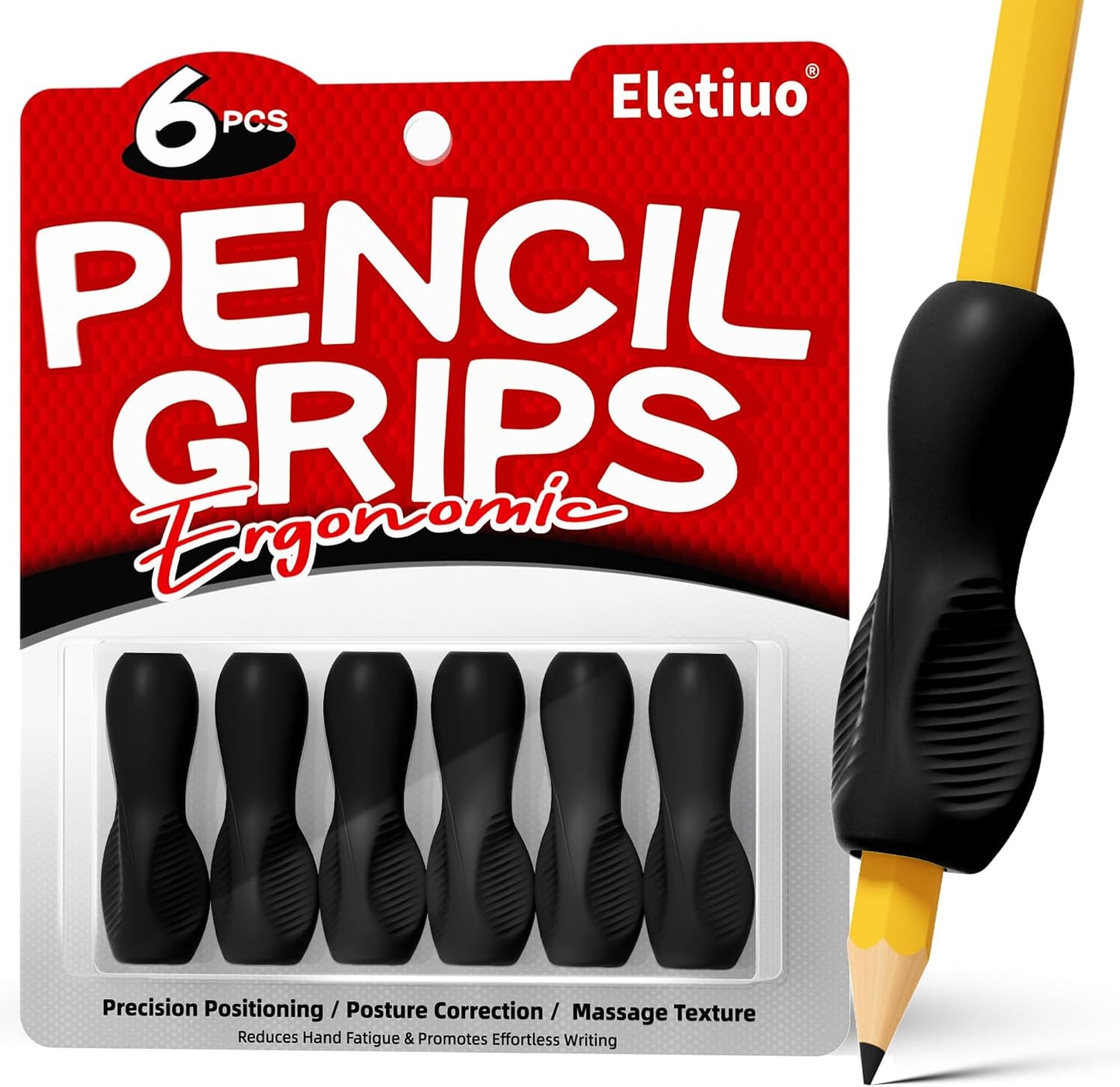 Aylifu 6 Pack Ergonomic Pencil Grips,Triangular Design with Finger Grooves for Children &Arthritis,Soft Non-Slip Silicone,Corrects Grip Position for Writing and Drawing,Left & Right Handed,Black