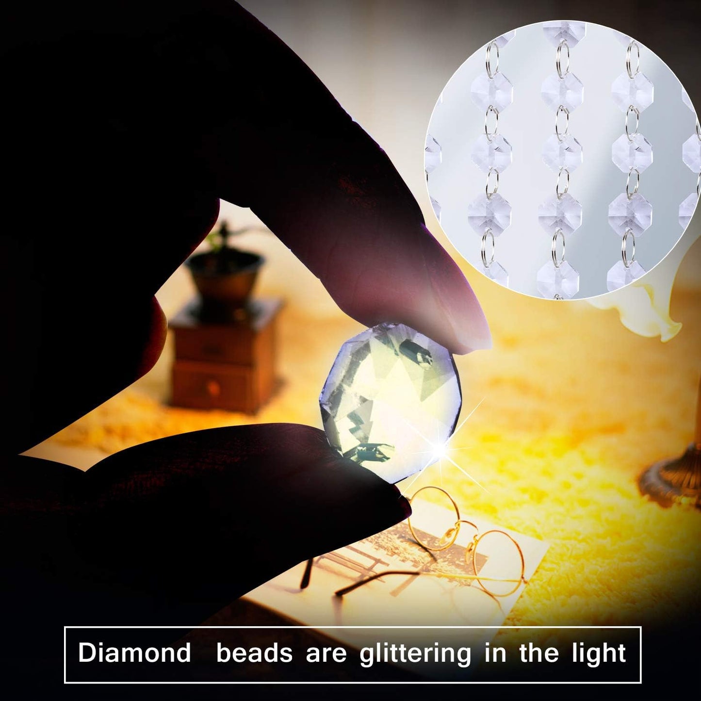 100Pcs 14mm Clear Crystal Octagon Beads with 100Pcs Stainless Curtain Rings Jump Rings Key Rings for Chandelier Prisms Curtain Parts Jewelry Making