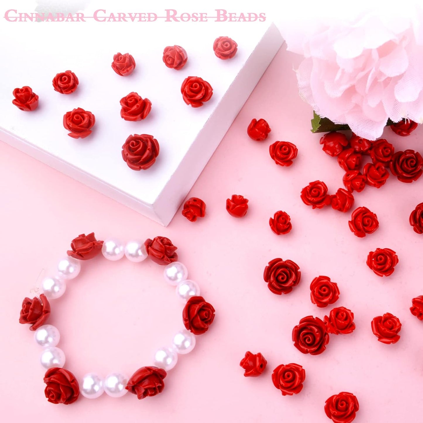 50pcs Cinnabar Carved Rose Beads Rose Flower Loose Beads for DIY Earrings Necklace Bracelet Jewelry Making Supplies Wedding Party Anniversary Favor Gifts, 10 mm x 8 mm, Hole: 1.5 mm