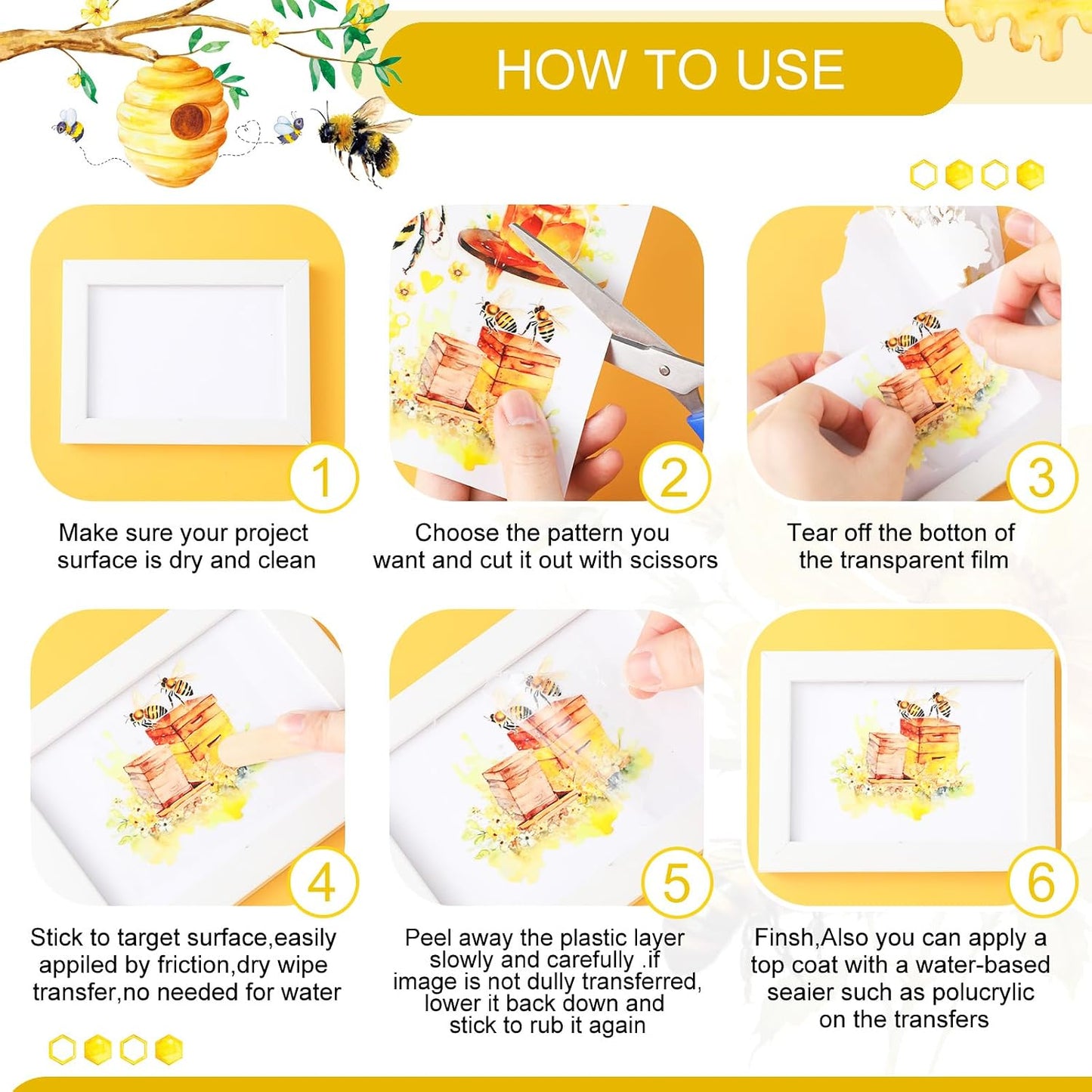 HENDEVL 12 Sheets Summer Sunflower & Bee Rub on Transfers for Crafts Flower Rub on Transfer Stickers Honeycomb Decals for Wood Furniture, DIY Paper & Home Decor, 5.5 x 5.7 Inch