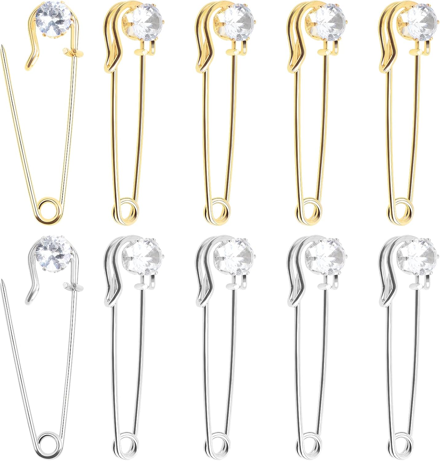Aylifu 10pcs 5 cm / 2 Inch Rhinestone Safety Pins Metal Heavy Duty Crystal Blanket Pins Large Safety Pins for Clothes Blankets Skirts Sweater Scarf Crafts Kilts, 2 Colors