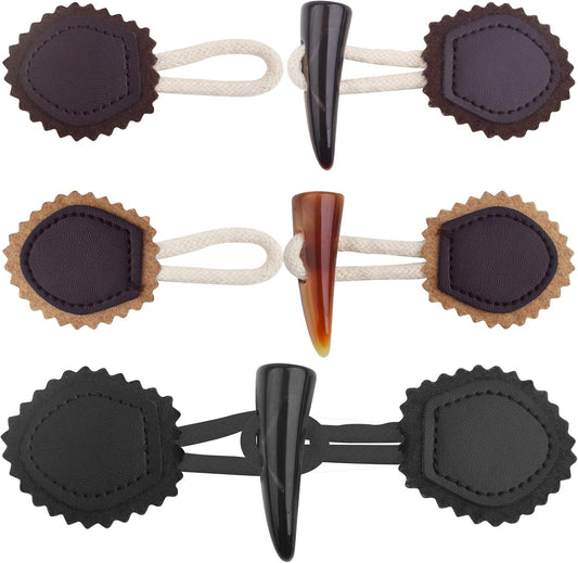 6 Pairs Vintage Resin Horn Coat Buttons Leather Sew-On Toggles Closure Buttons Sewing Accessories for Woolen Coat Clothing Jacket Sweater Windbreaker, 3 Colors
