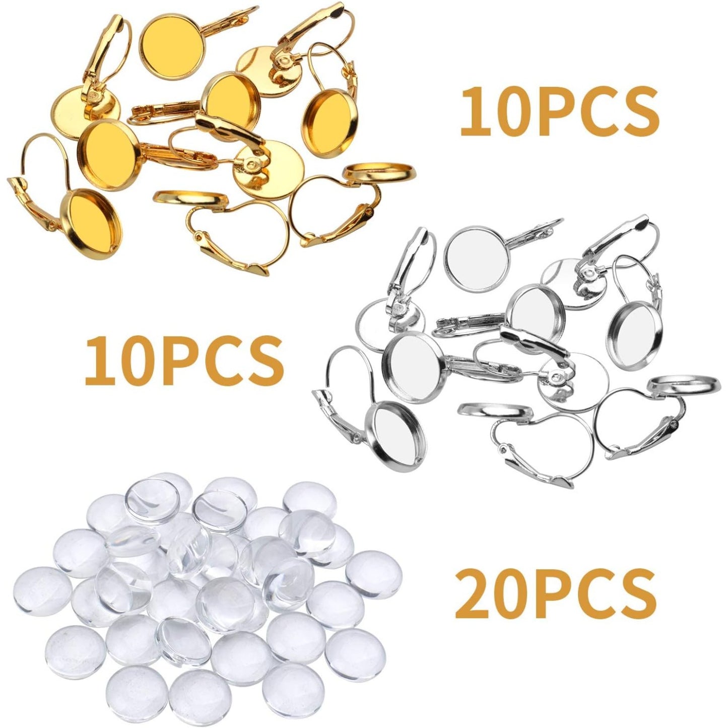 Leverback Earring Blanks, 20pcs Brass French Lever Back Earrings with 12mm Flat Round Cabochon Setting Tray and 20pcs Clear Glass Cabochons for DIY Earring Making