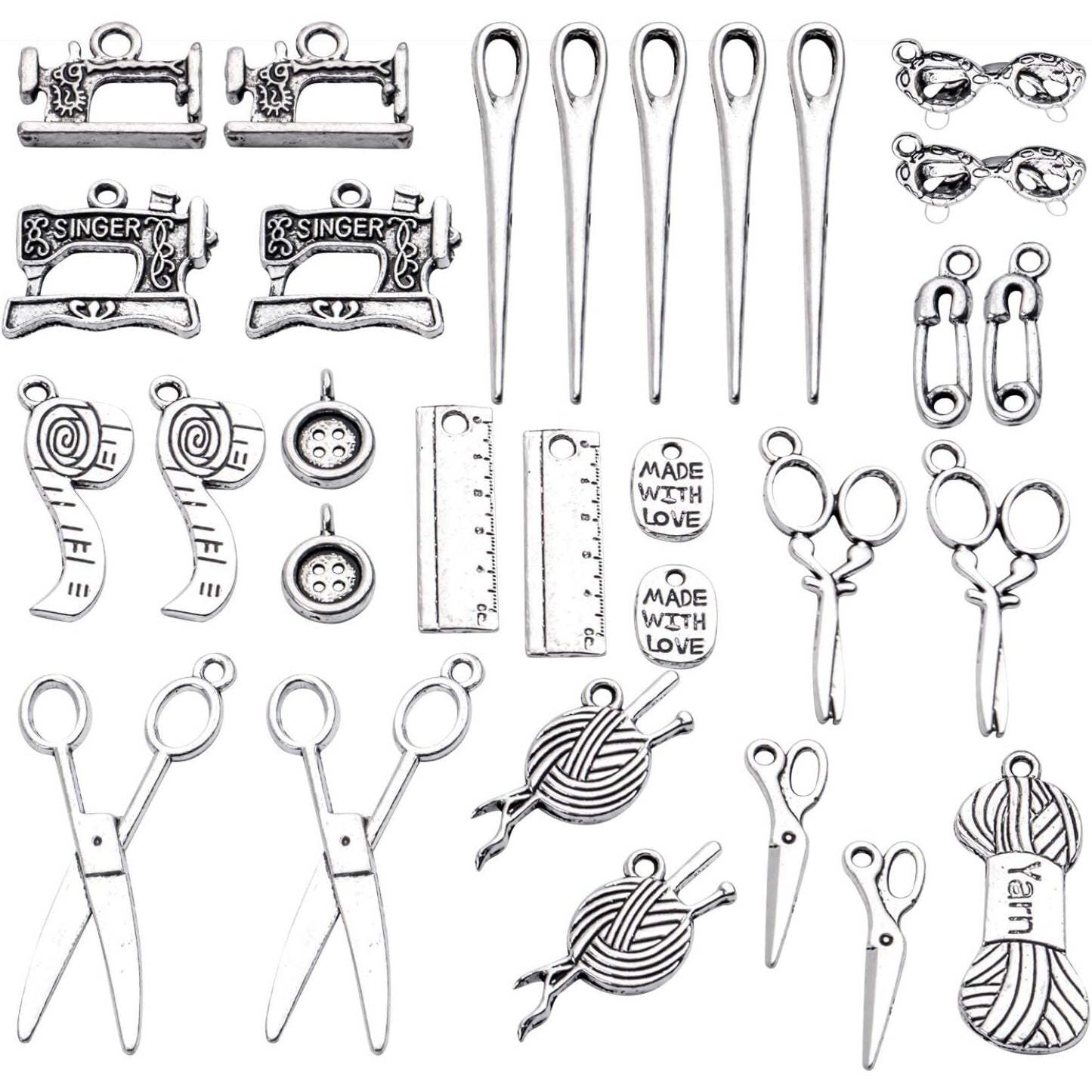 Sewing Charms Collection,44pcs Antique Silver Sewing Charms Scissor Pipe Yarn Clew Button Pendant Jewelry Making Findings for Necklace Bracelet Scrapbooking