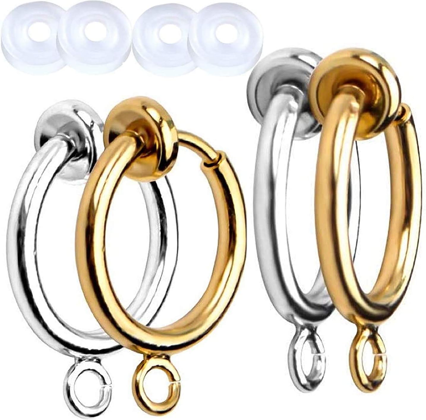 16pcs Brass Clip-on Hoop Earring Converters Round Dangle Ear Clips Classic Earring Findings with Open Loop for Non-Pierced Ears Jewelry Making, Bright Silver