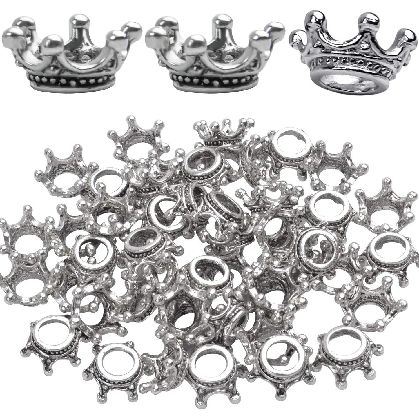 Crown Beads,50pcs Antique Silver Crown Spacer Beads King & Queen Crown Loose Beads with 6mm Hole for Bracelet Necklace Jewelry Making and Crafting