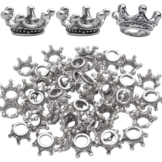 Crown Beads,50pcs Antique Silver Crown Spacer Beads King & Queen Crown Loose Beads with 6mm Hole for Bracelet Necklace Jewelry Making and Crafting