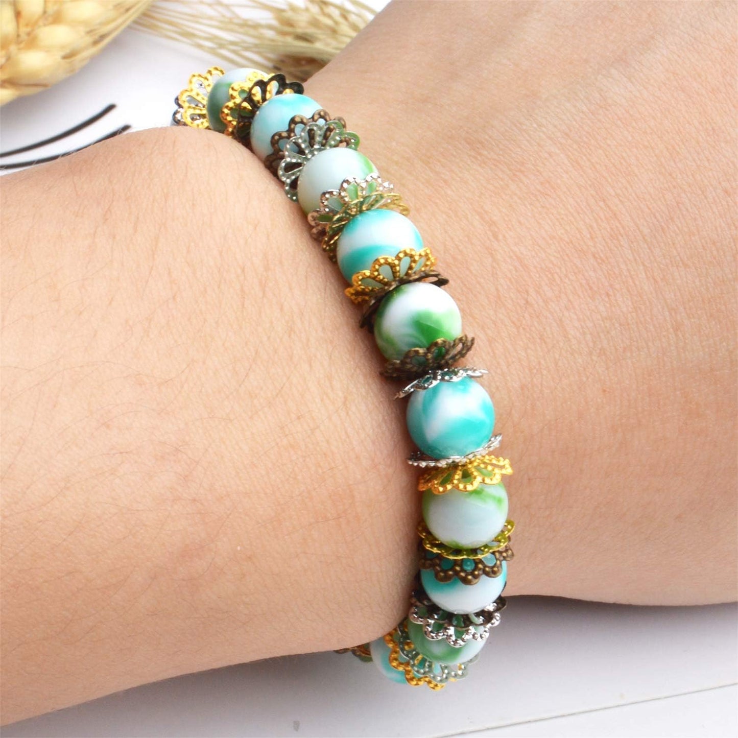 Flower Bead Caps,400pcs Tibetan Style Flower Shape Bead Caps Alloy Beads Caps Spacers for Bracelet Necklace Jewelry Making, White Golden, Golden, Silver, Antique Bronze, 9mm
