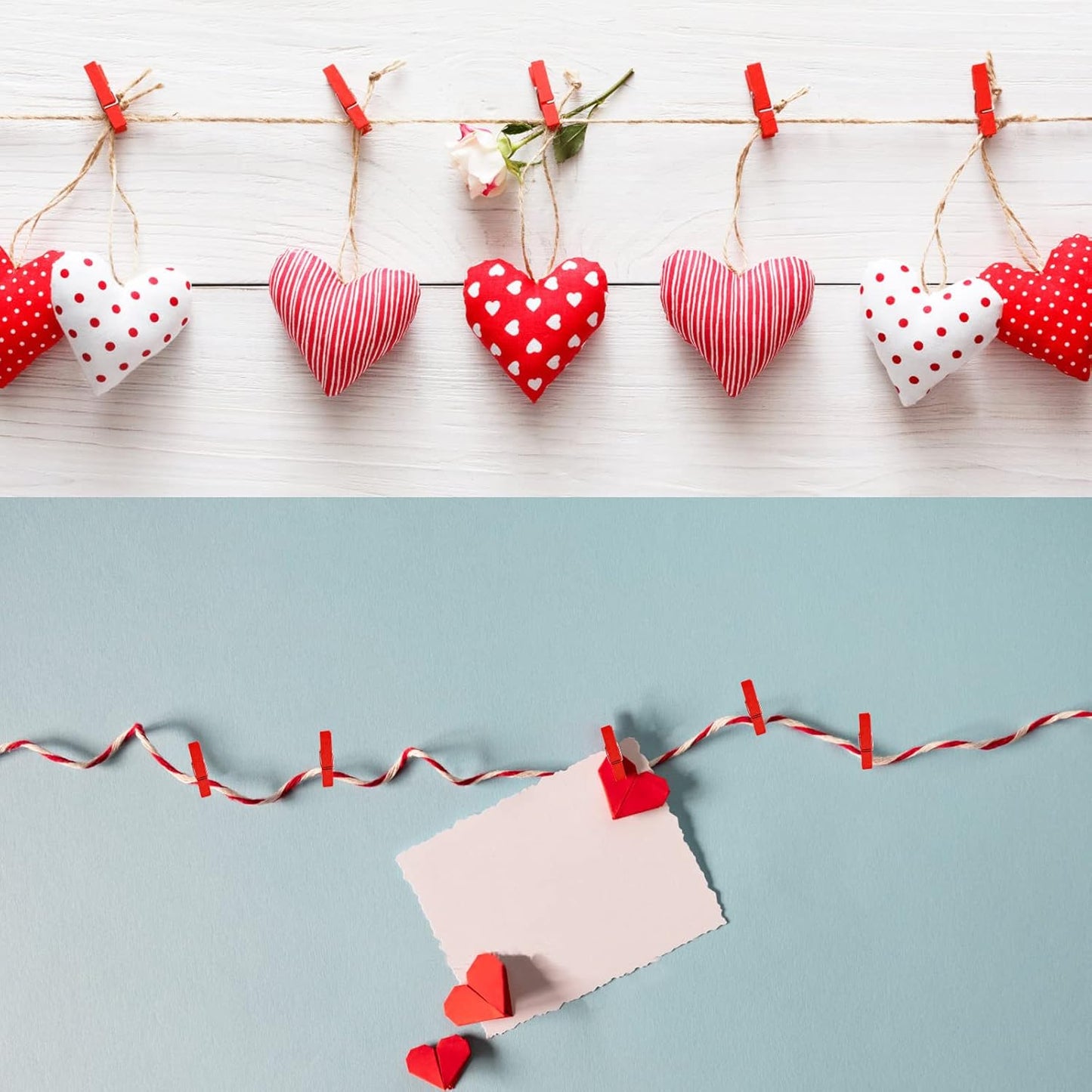 50 Pieces Red Wooden Clothespins Photo Paper Clips Mini Laundry Peg Pins with 50 Meters Twine for DIY Crafts Christmas Wedding Party Decoration