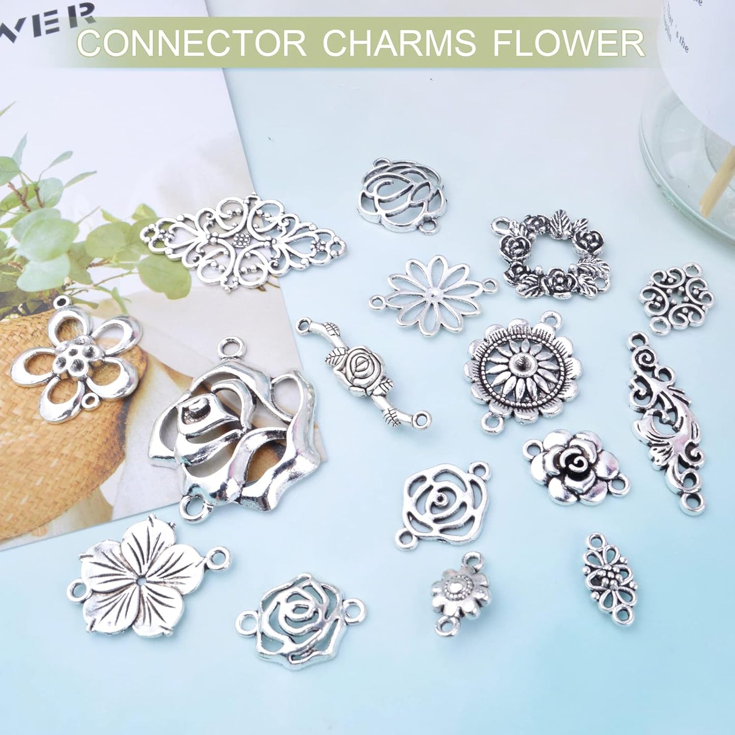 52pcs 26 Styles Flower Connector Charms Tibetan Alloy Rose Flower Pendants Beads Jewelry Connectors for DIY Necklace Bracelet Earrings Jewelry Making, Antique Silver