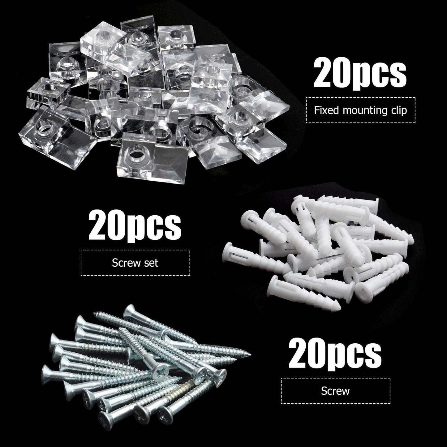 Mirror Panel Clips,20 Pack Plastic Mirror Holder Clips Transparent Mirror Retainer Clips Wall Mount Bracket Tool Kit with Screw and Anchor for Fixing Mirror Cabinet Door