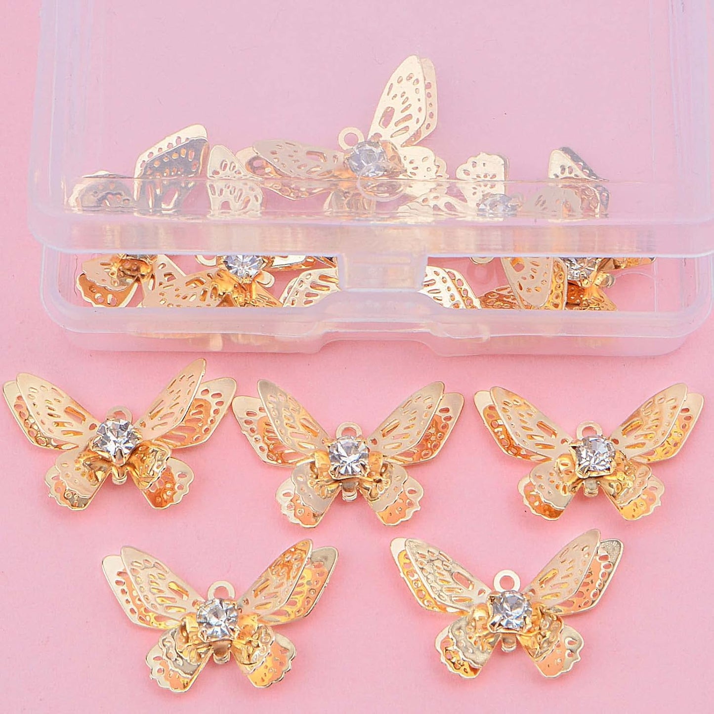 12pcs Golden Hollow Butterfly Insect Charms with Rhinestone Alloy Diamond Butterfly Animal Pendants with a Plastic Box DIY Necklace Earrings Jewelry Making Decor
