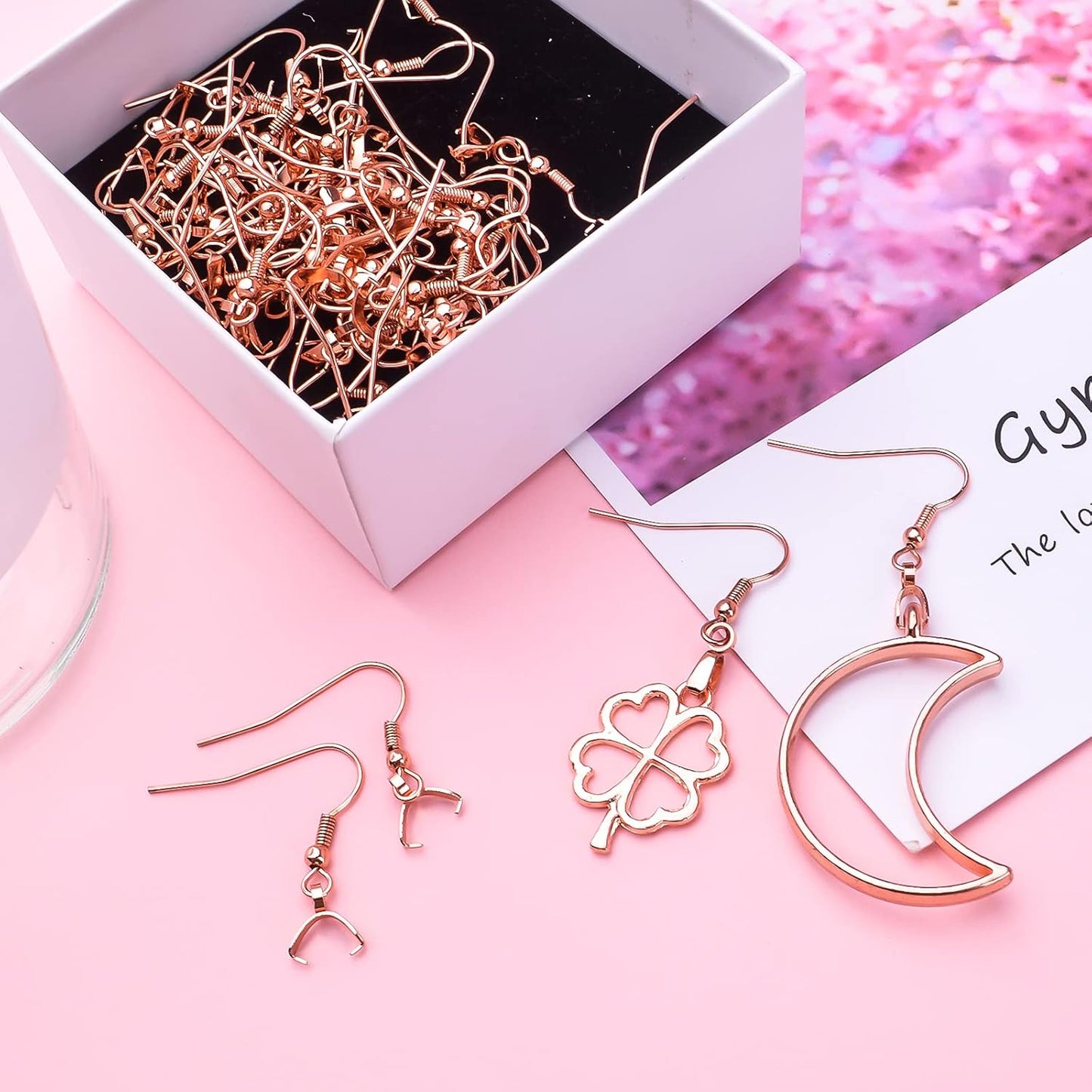50pcs Stainless Steel Earring Hooks with Pendant Clasp Hypoallergenic Ear Wire Buckle Fish Hooks Dangle Earrings for Women DIY Jewelry Making Findings, Rose Gold