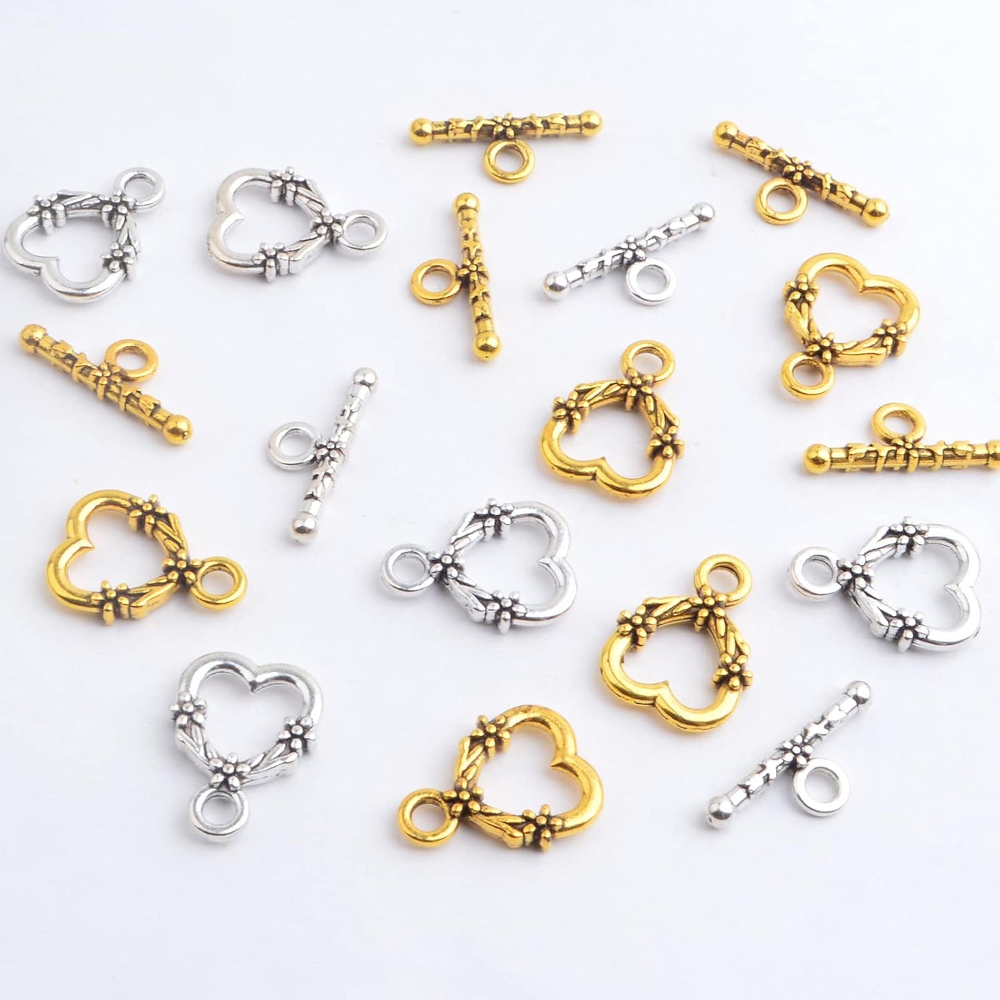 40 Sets Antique Alloy Toggle Clasps T-bar Closure Clasps Flower Heart Clasps Fastener Toggle End Clasps Connectors for Necklace Bracelet Jewelry Making Supplies, 2 Colors