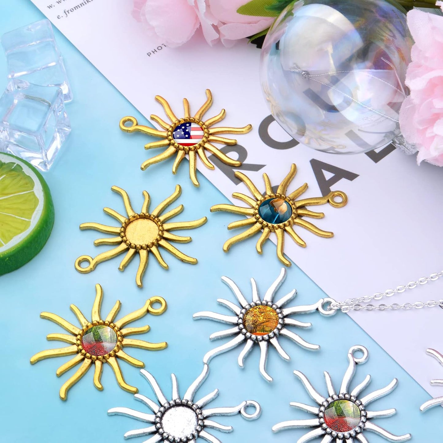 20pcs Sun Blank Round Pendant Trays Tibetan Alloy Base Cabochon Settings Bezel Frame Cameo Tray Charms for Crafts Jewelry Making Projects, 2 Colors, 12 mm Inner Diameter