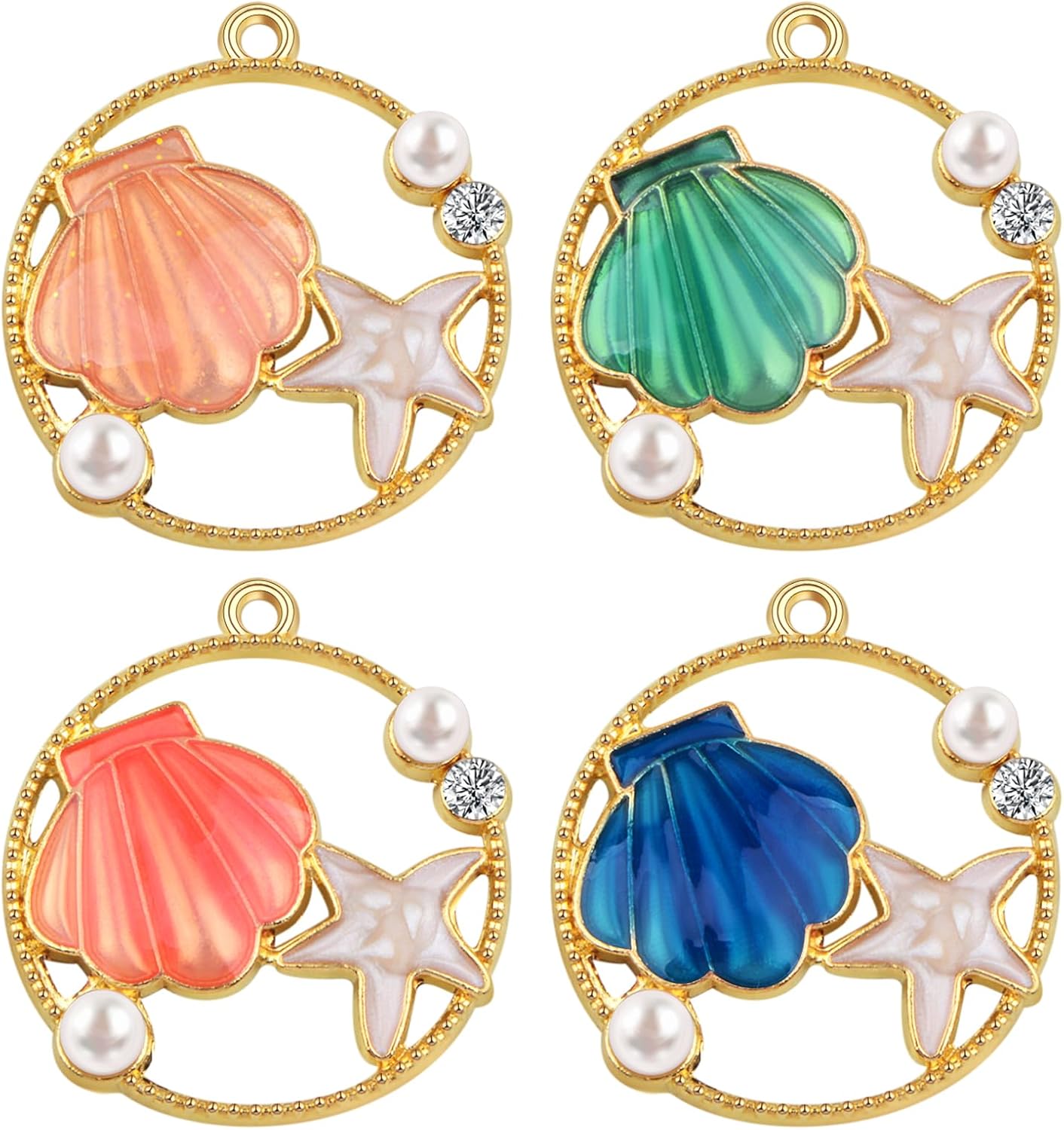 16pcs Round Enamel Ocean Starfish Shell Charms Colorful Marine Animal Starfish Seashell Summer Beach Dangle Pendants for DIY Necklace Bracelet Crafts Jewelry Making, 4 Colors