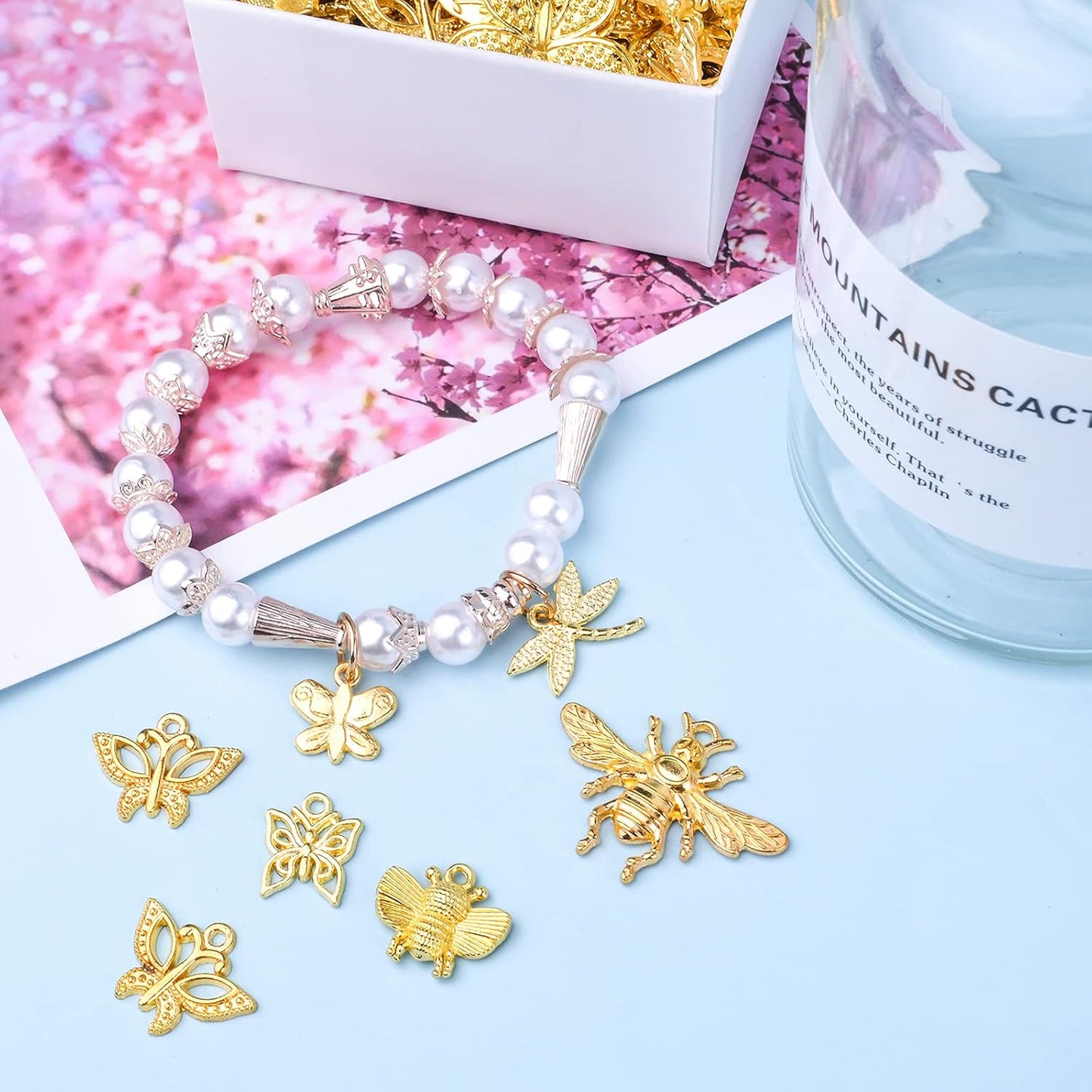 100pcs Gold Plated Mixed Butterfly Dragonfly Honeybee Charms Alloy Insect Dangle Pendants Craft Supplies for DIY Necklace Bracelet Jewelry Making Findings Accessory, 10 Styles