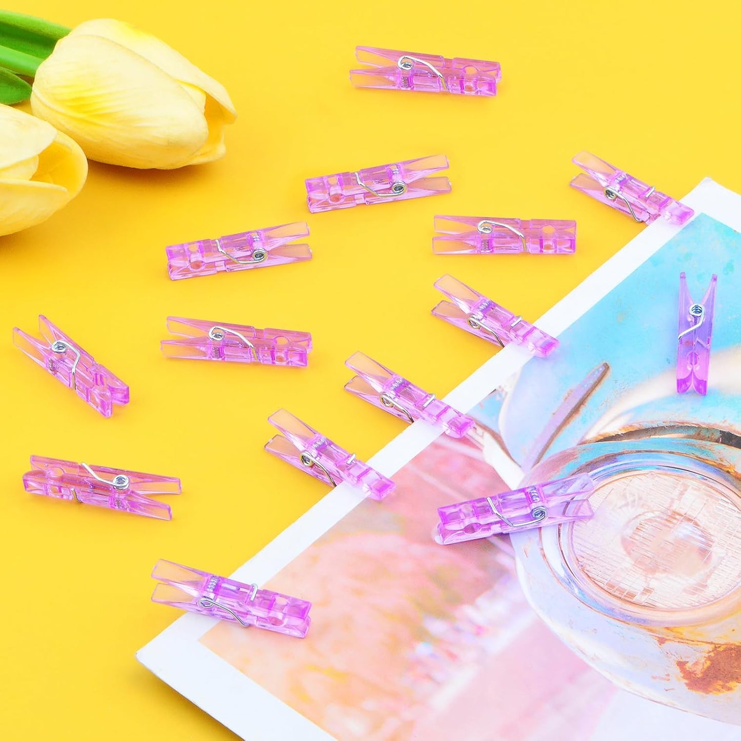 100 Pieces Clear Plastic Clothespins Mini Transparent Craft Clips Pictures Paper Peg Pins for Hanging Photos String Fairy Lights Wedding Party Decor, Purple