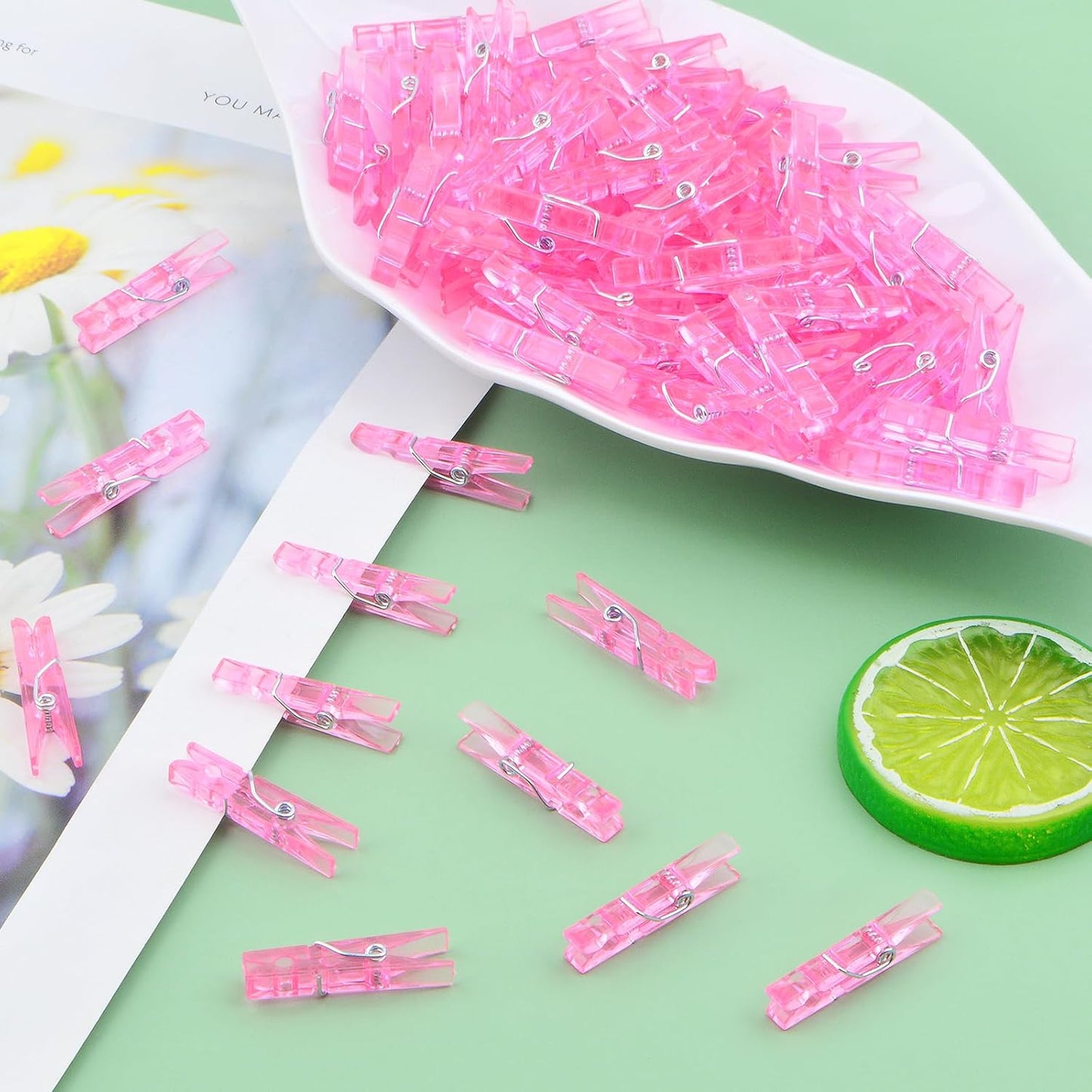 100 Pieces Clear Plastic Clothespins Mini Transparent Craft Clips Pictures Paper Peg Pins for Hanging Photos String Fairy Lights Wedding Party Decor, Pink