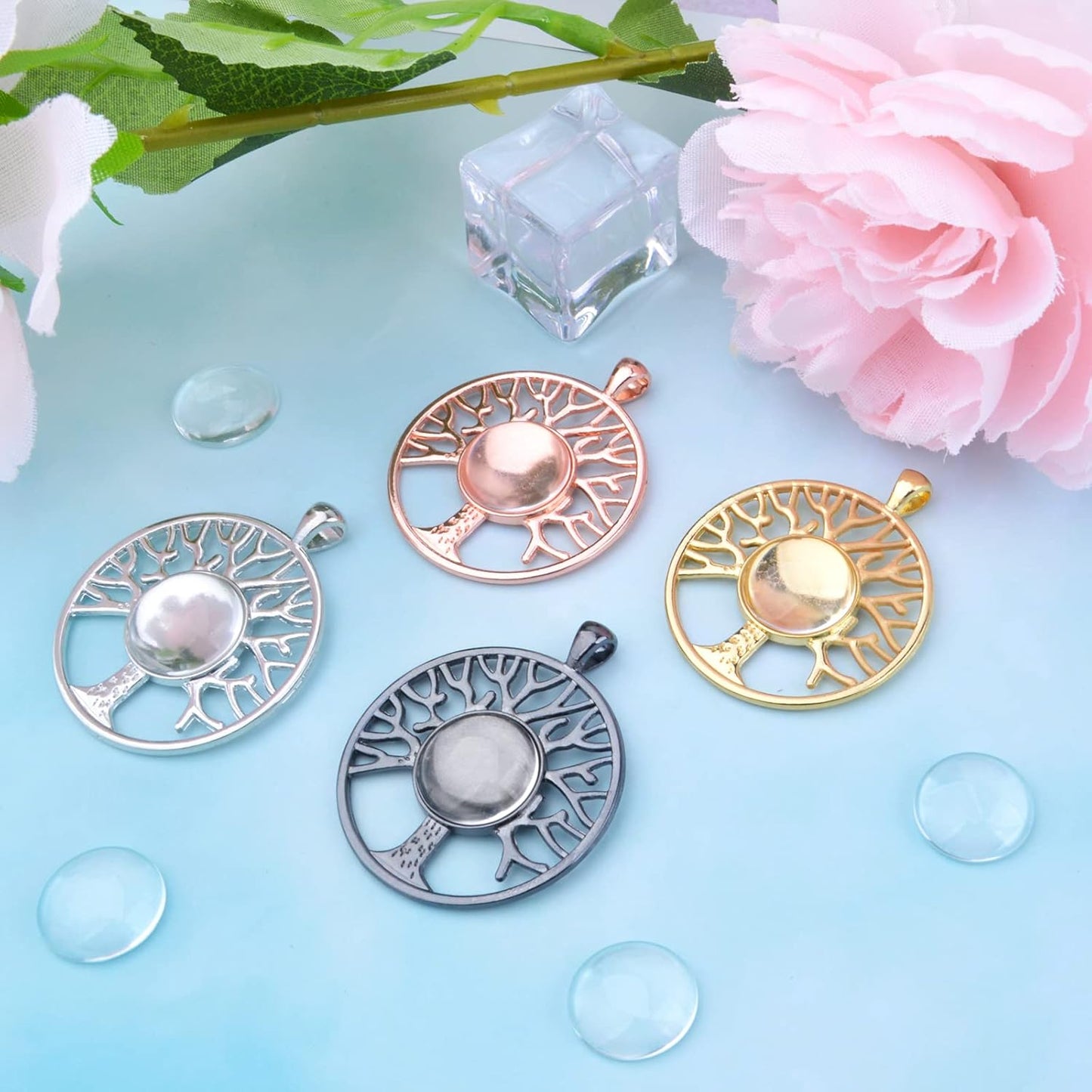 8 Sets 4 Colors Dream Catcher Pendant Trays Alloy Tree of Life Charms with Clear Dome Glass Cabochons for Photo Cameo Bracelet Necklace Jewelry Making Accessories