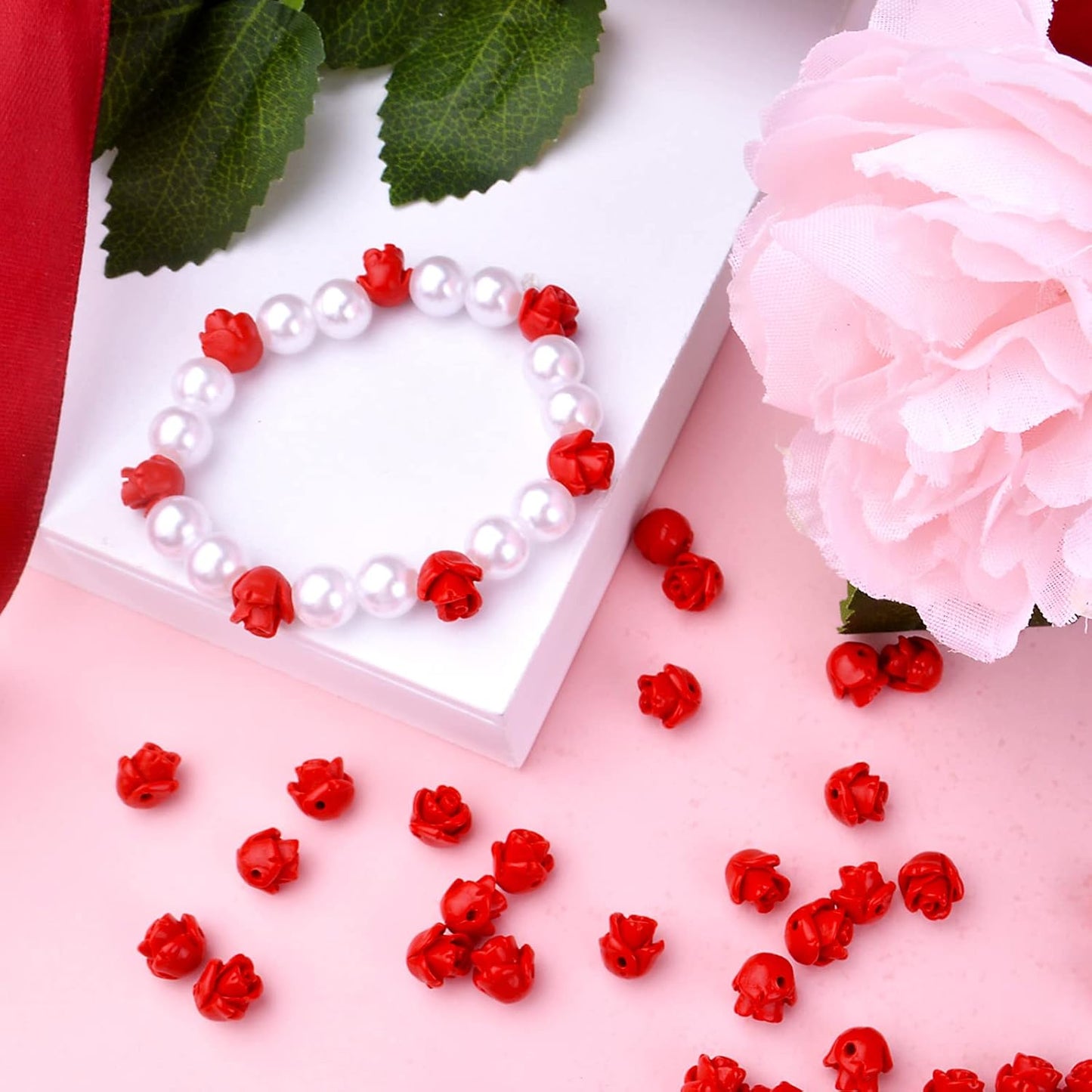 50pcs Cinnabar Carved Rose Beads Rose Flower Loose Beads for DIY Earrings Necklace Bracelet Jewelry Making Supplies Wedding Party Anniversary Favor Gifts, 10 mm x 8 mm, Hole: 1.5 mm