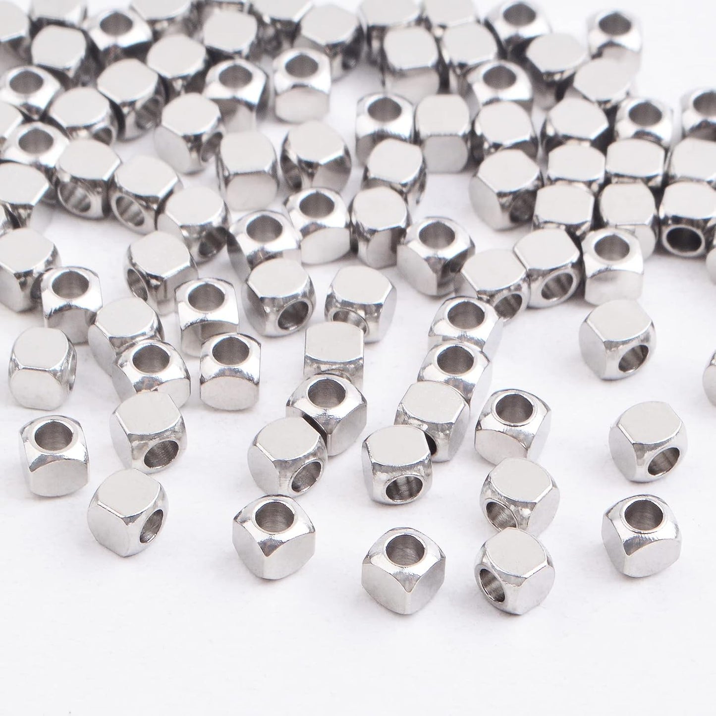 100pcs 3 mm Stainless Steel Cube Spacer Beads Tiny Slide Square Spacer Beads Smooth Handicraft Loose Beads for DIY Bracelet Necklace Earrings Jewelry Making, Hole: 1.5 mm