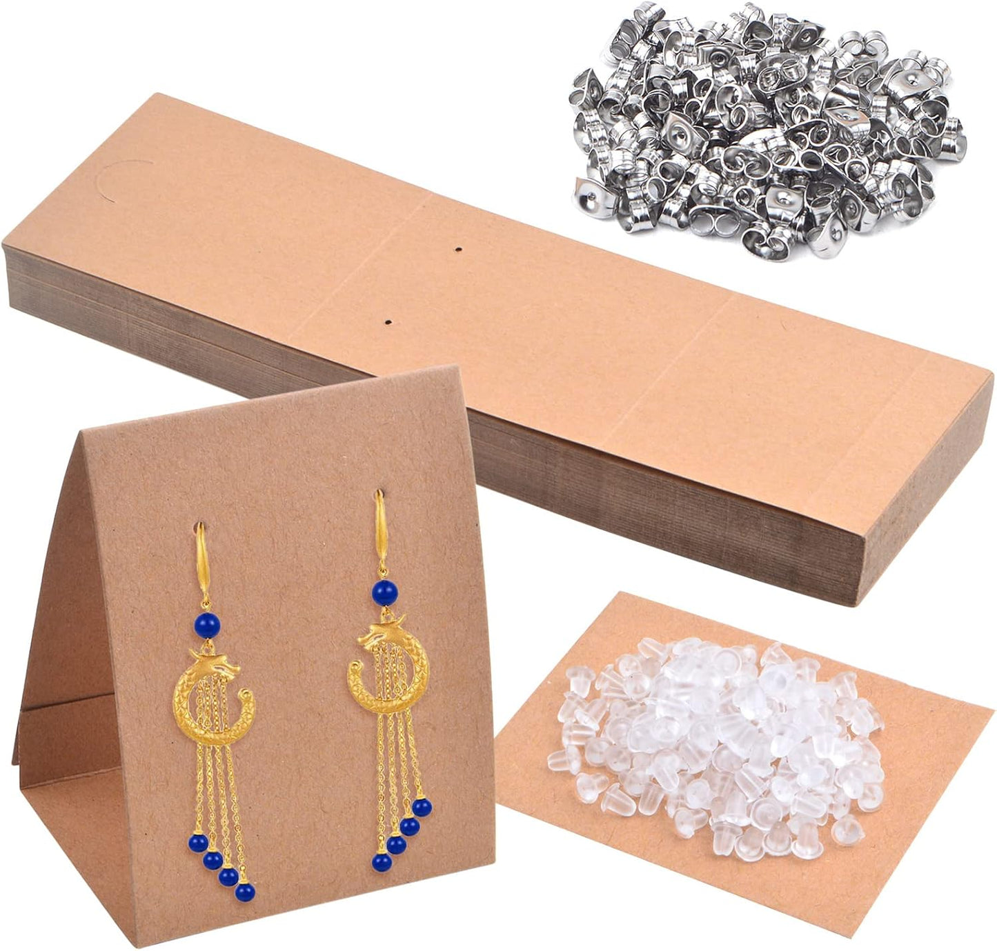 50pcs Brown Standing Earring Display Cards Earring Holder Cards for Selling with 200pcs 2 Styles Earring Backs Stoppers for DIY Ear Studs Jewelry Display Retails Supplies