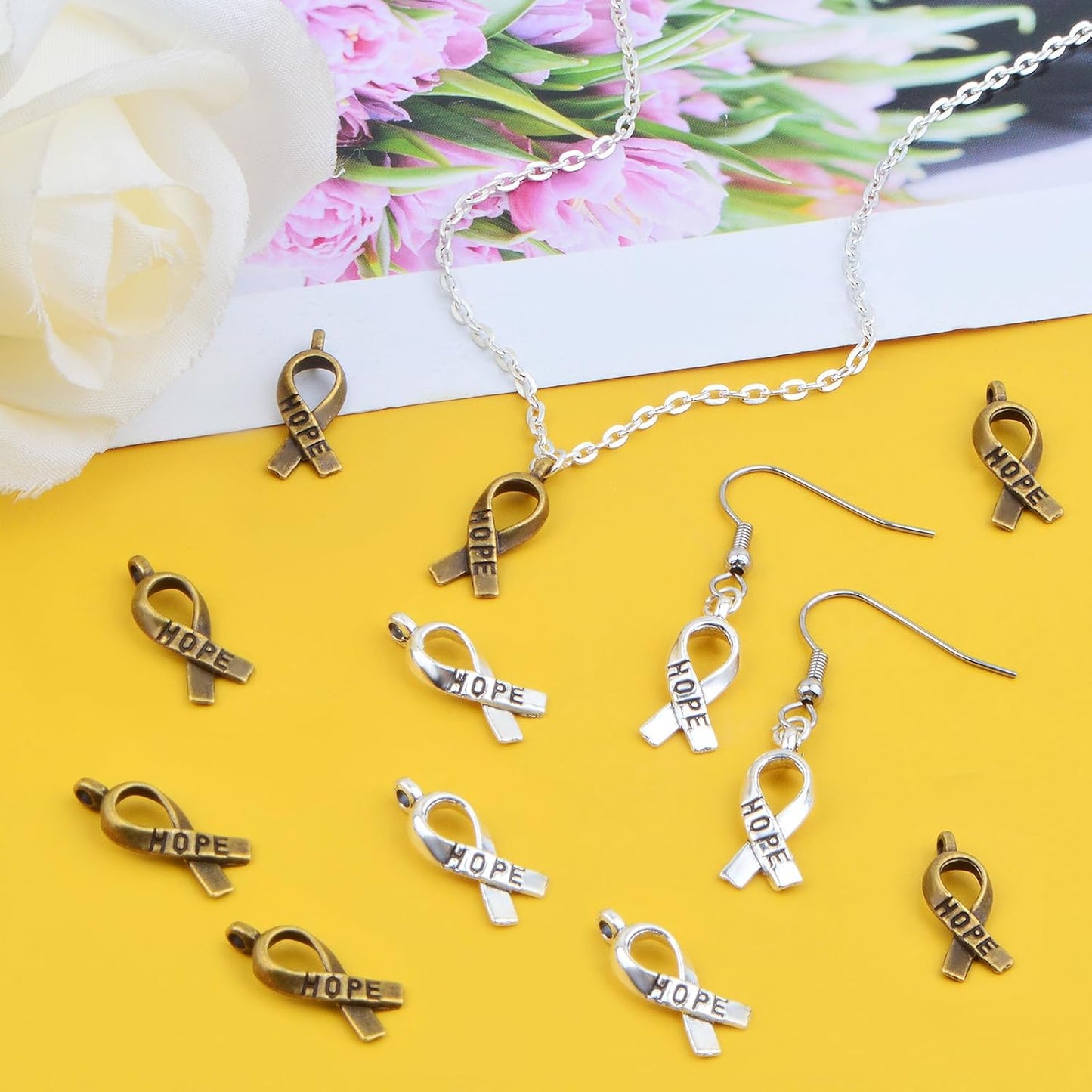 100pcs Hope Breast Cancer Awareness Ribbon Alloy Charms Pendants DIY for Necklaces Bracelets, Antiqued Silver and Bronze