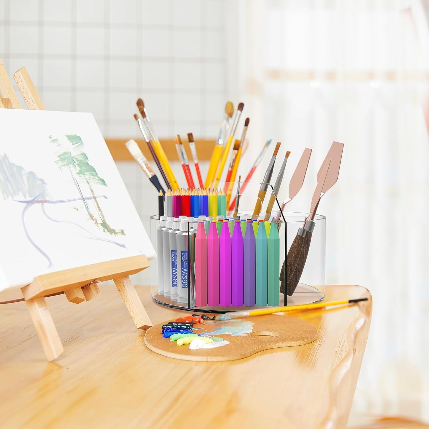 HENDEVL 250pcs Acrylic Pencil Holder Marker Organizer, 360-Degree Rotating Pen Holder, Crayon Organizers for Kids Pencil Organizer Caddy Art Supply Lazy Susan Organizer for Desk Home School Office