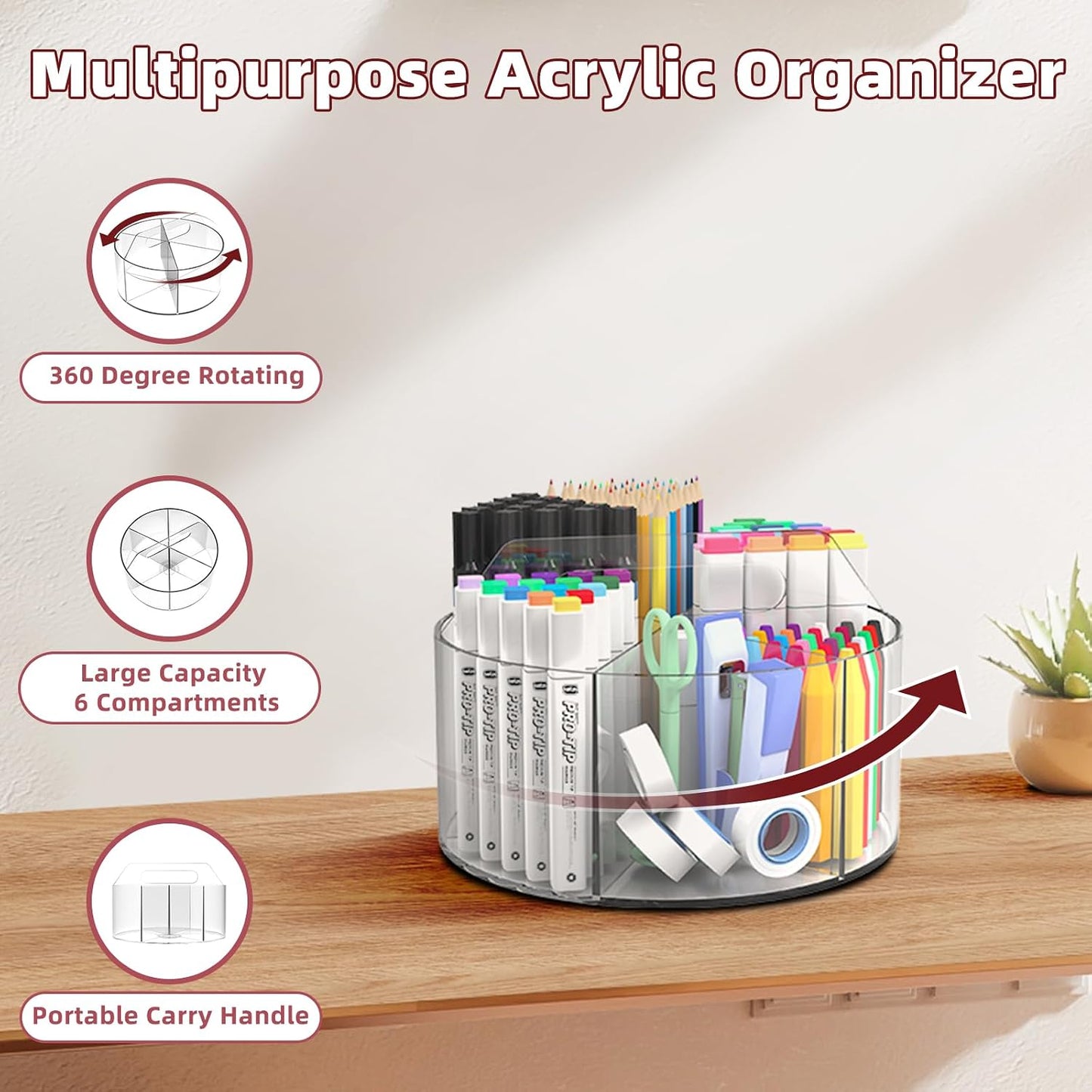 HENDEVL 250pcs Acrylic Pencil Holder Marker Organizer, 360-Degree Rotating Pen Holder, Crayon Organizers for Kids Pencil Organizer Caddy Art Supply Lazy Susan Organizer for Desk Home School Office