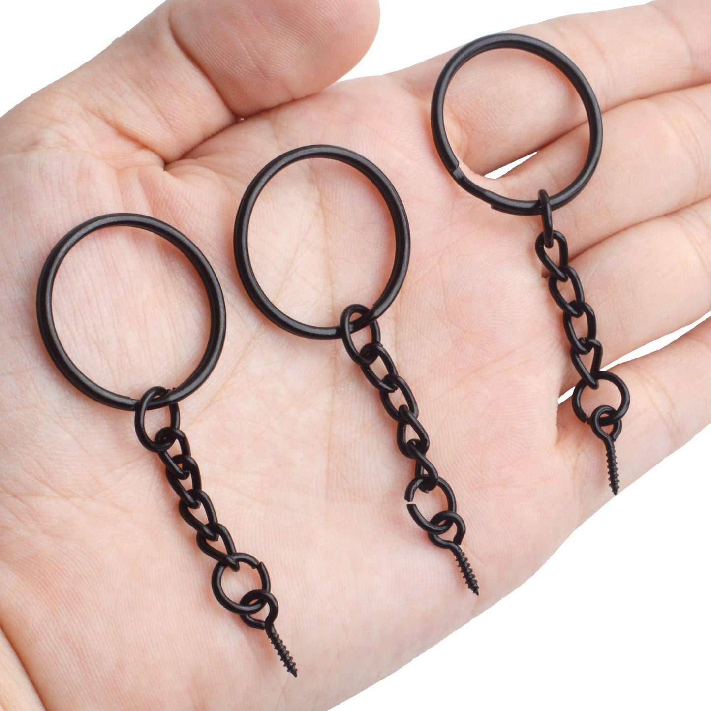 BronaGrand 50pcs 25mm Split Key Ring with Extend Chain and 12mm Screw Eye Pin for Craft Charm Making,Black