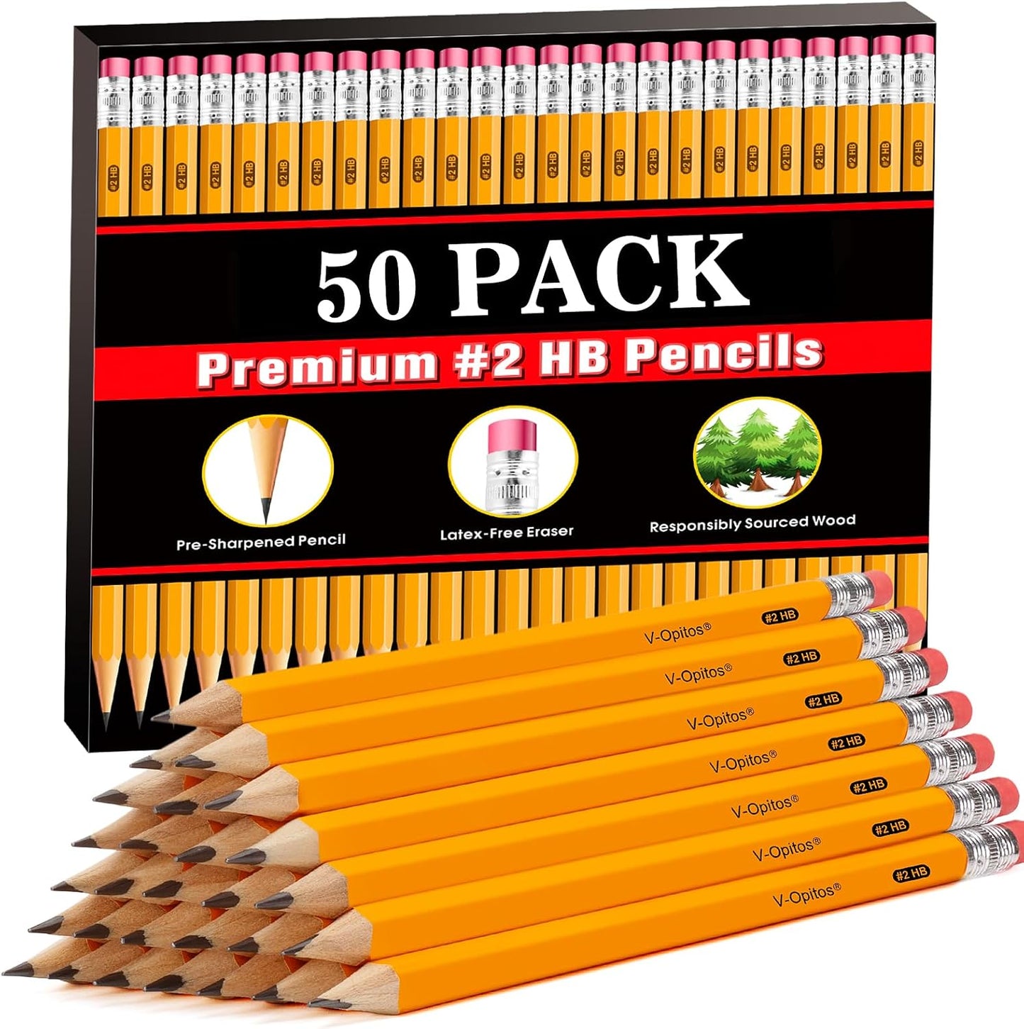 HENDEVL  Wood-Cased #2 HB Pencils, 50 Pack Bulk Yellow Pencils with Erasers, Pre-Sharpened, School Classroom Teacher Supplies for Writing, Drawing and Sketching