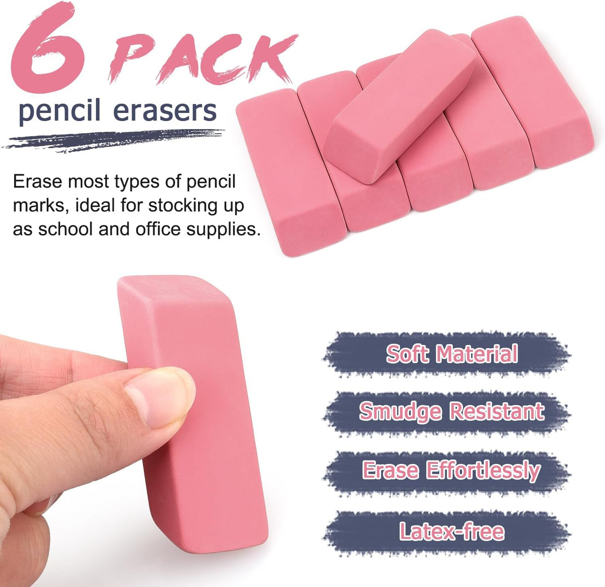HENDEVL Erasers, Pink Pencil Erasers for Drawing, Artist Eraser, Large, Pack of 6