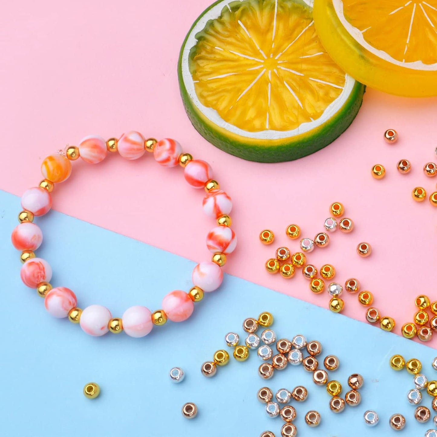 300pcs 4mm Smooth Round Spacer Beads Brass Ball Beads Tarnish Resistant Seamless Loose Connector Beads for DIY Bracelet Necklace Jewelry Making Findings, 3 Colors