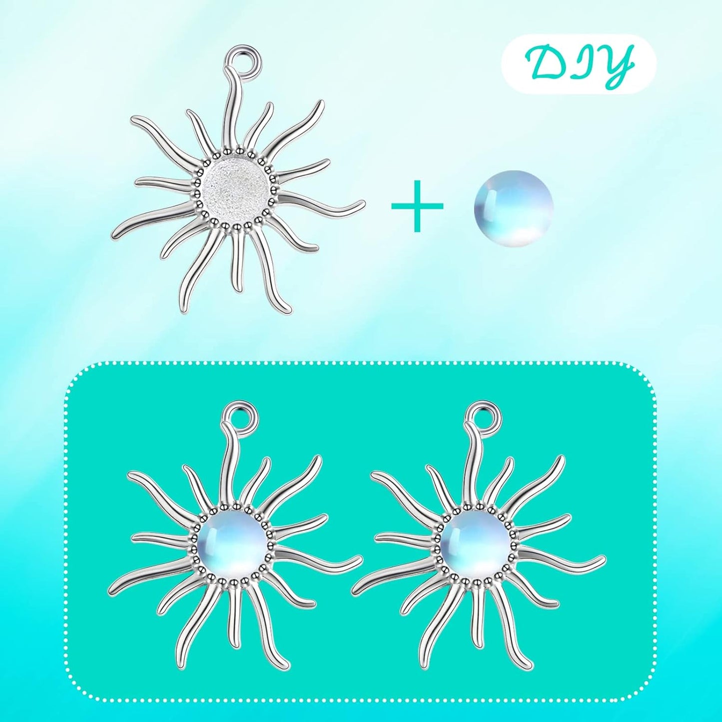 20pcs 12 mm Sun Blank Round Pendant Trays Tibetan Alloy Sun Flower Flat Round Cameo Base Bezel Tray Charms for DIY Necklace Earrings Jewelry Making Findings, Bright Silver