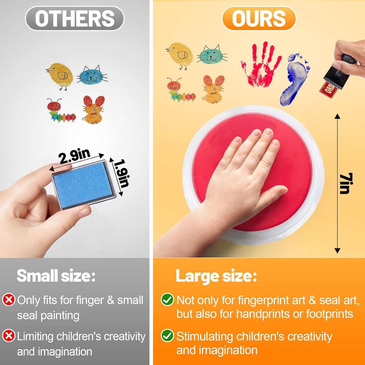 HENDEVL  7" Large Ink Pads for Kids - Handprint Footprint Size Rainbow Stamps Pad, Safe & Washable Ink Pad for Fingerprint Painting Card Making Stamp Crafting Paper Wood Fabric Scrapbook Kids Birthday Gifts