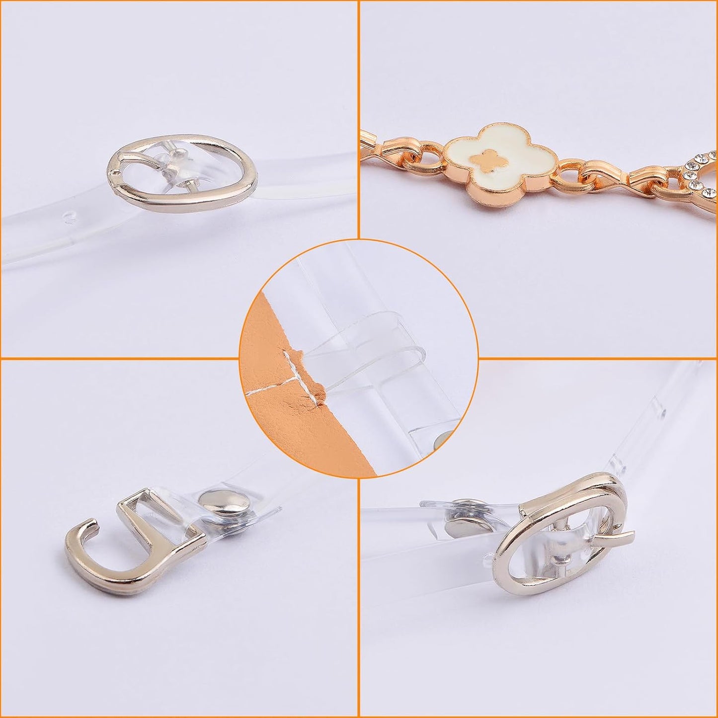 2 Pairs Transparent Four-leaf Clover High Heels Shoelaces Belt Chain and 2pcs Adjustable Invisible High Heel Shoe Straps with Buckle Replacements for Holding Loose High Heel Shoes
