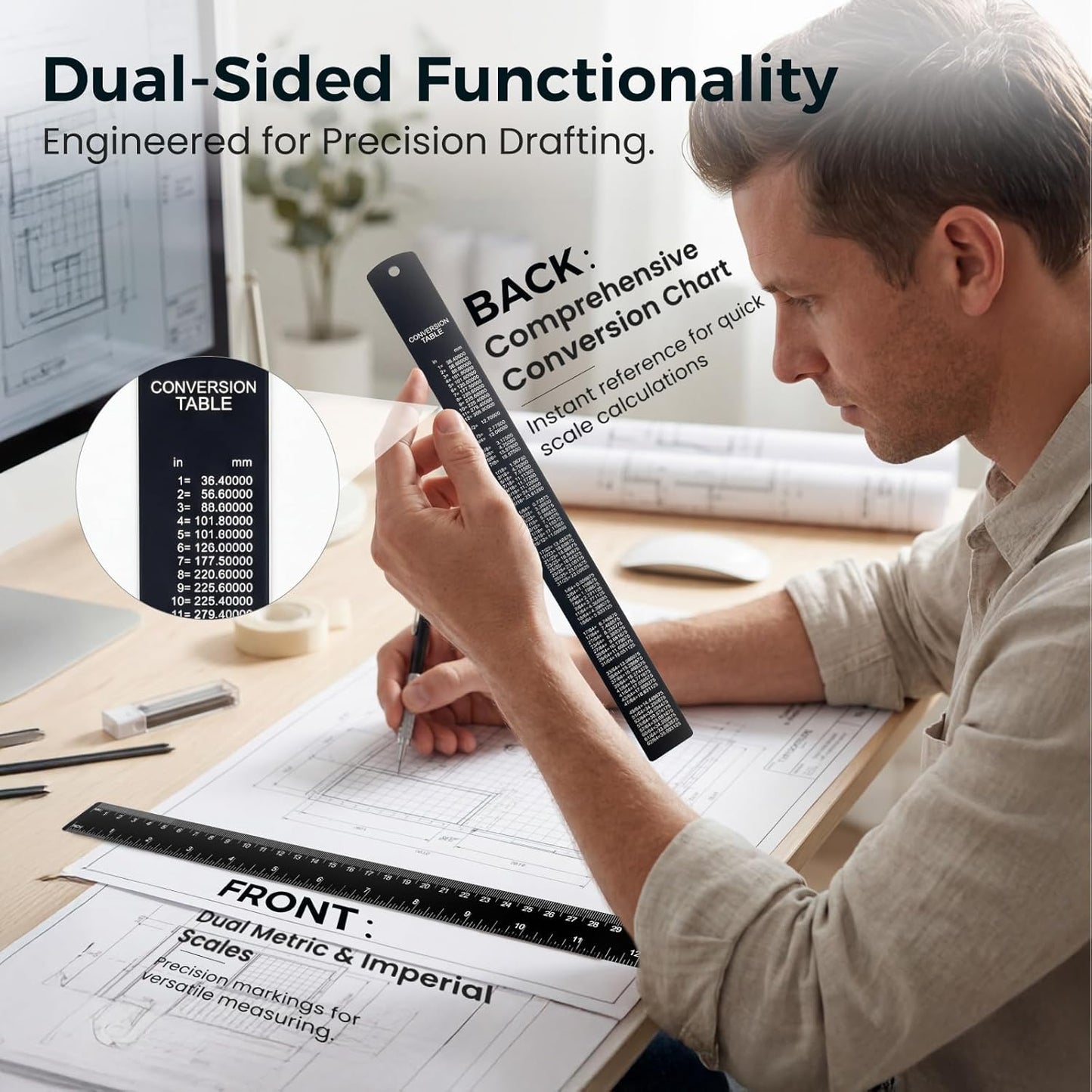 Aylifu 2Pcs Architectural Scale Ruler, Triangular Scale & Straight Ruler, 12 Inch Aluminum Drafting Ruler Set, Laser Etched, Smooth Non-Sharp Edges, Lightweight, Inch MM Conversion for Architectur