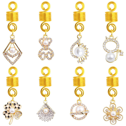 16pcs 8 Styles Pearl Hair Braid Clips Golden Alloy Braids Ring Pendants Adjustable Spring Clip Dreadlocks Accessories Hair Jewelry Headpieces for Women Hair Braid Decoration Gift